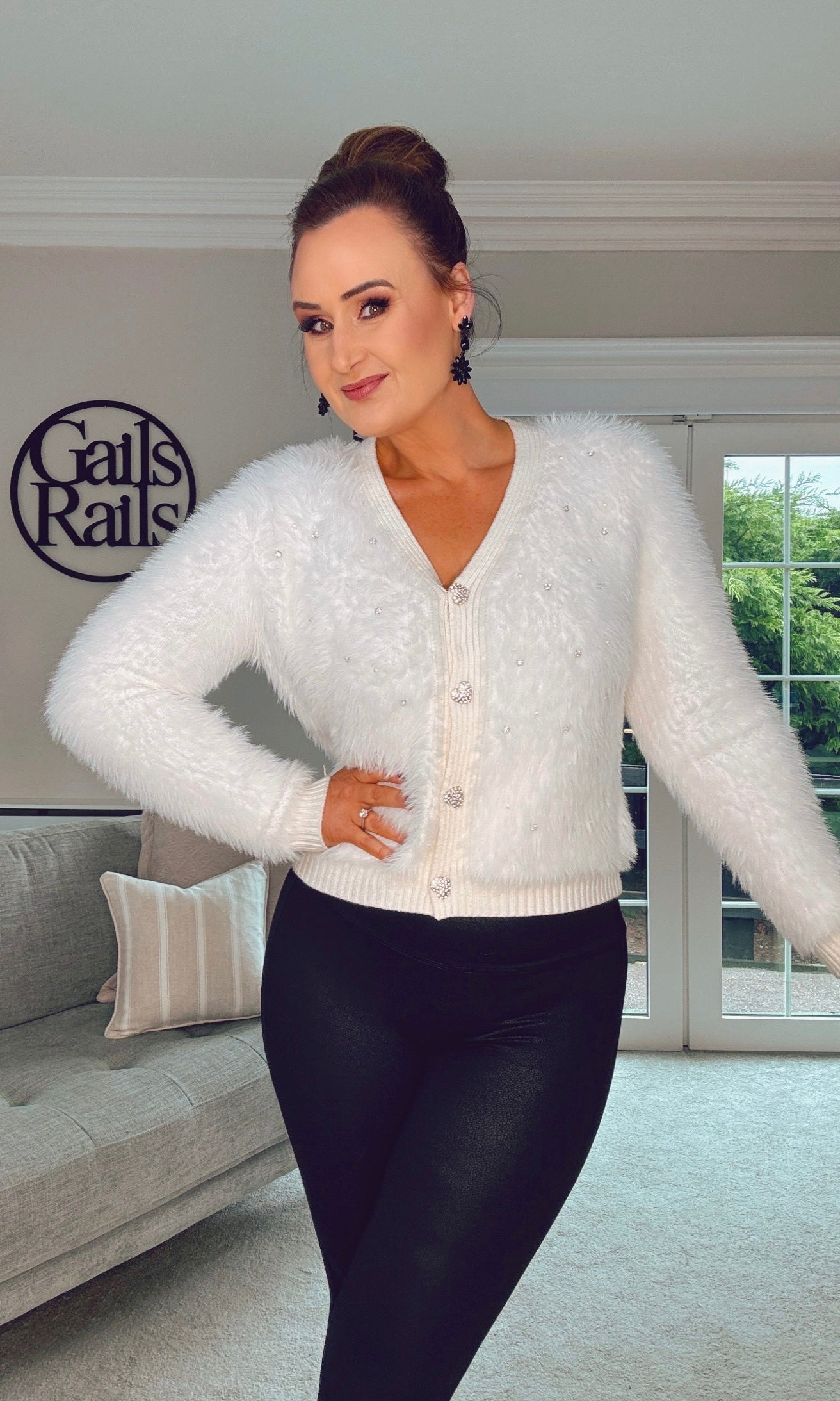 WHITE FLUFFY LUXURY CARDIGAN with heart buttons
