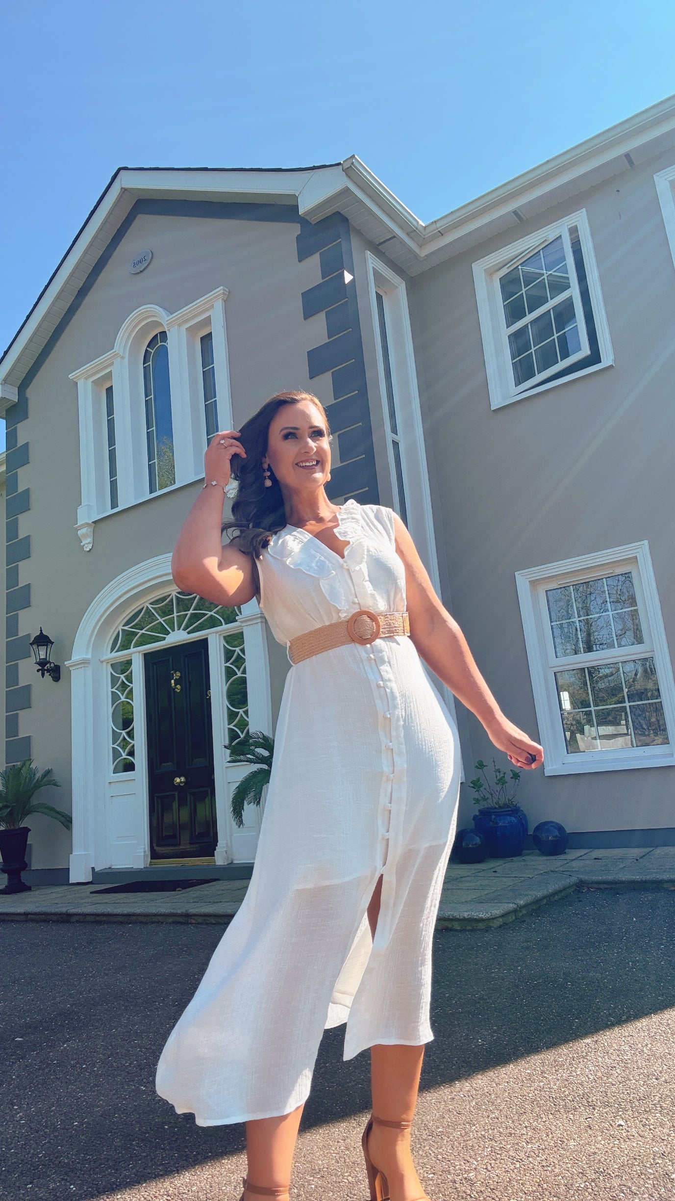 WHITE SUMMER SHIRT DRESS with frill neckline