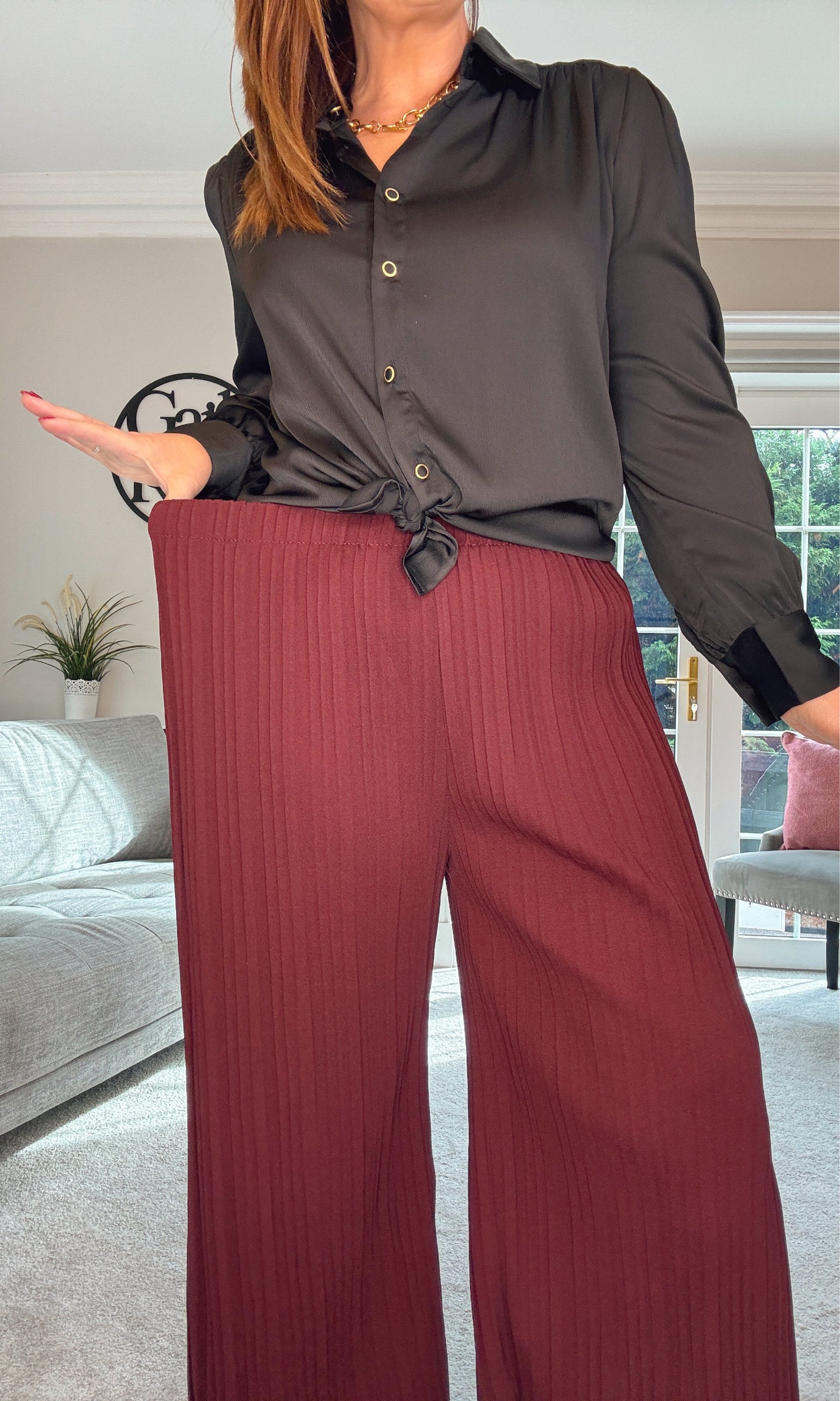 BURGUNDY CHRISTY WIDE LEG PLEATED TROUSERS