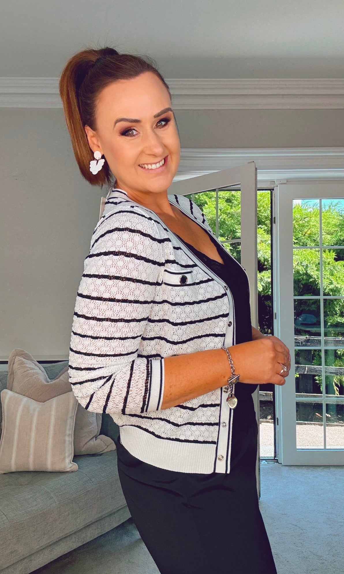 WHITE STRIPE CARDIGAN WITH POPPER BUTTONS