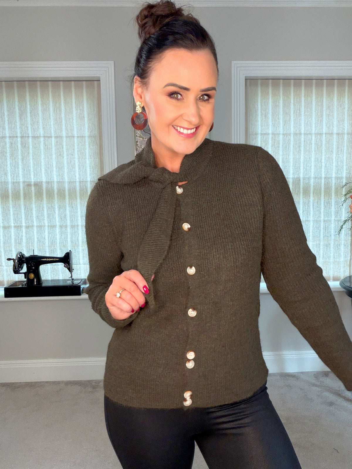 KHAKI GREEN CARDIGAN with attached scarf