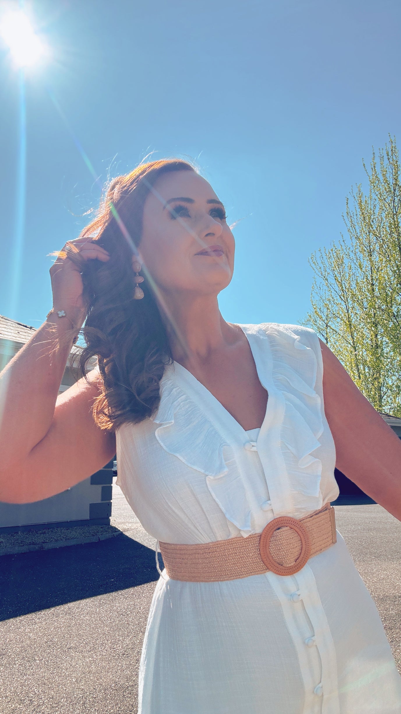 WHITE SUMMER SHIRT DRESS with frill neckline