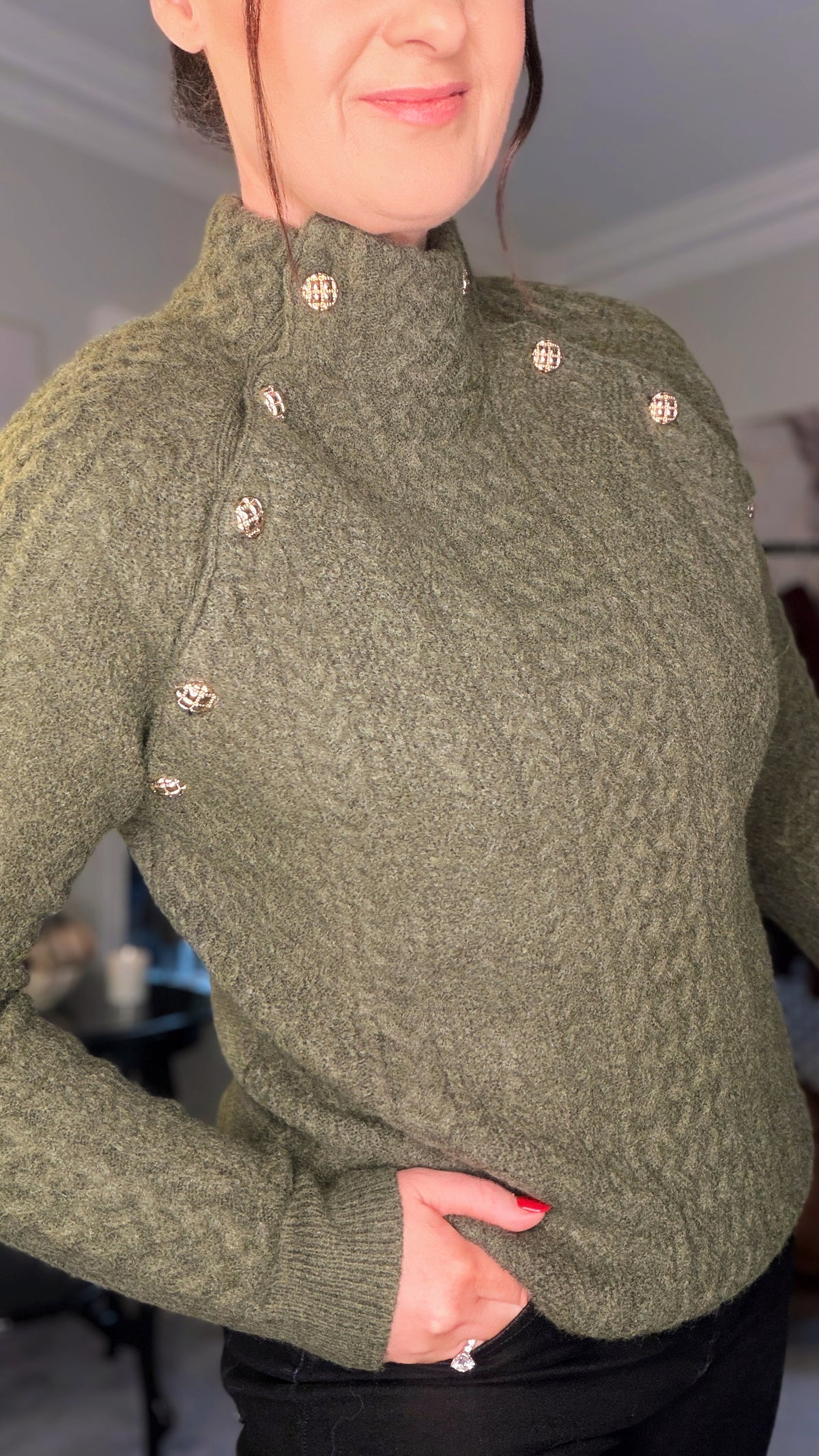 KHAKI ARAN STYLE BUTTON JUMPER
