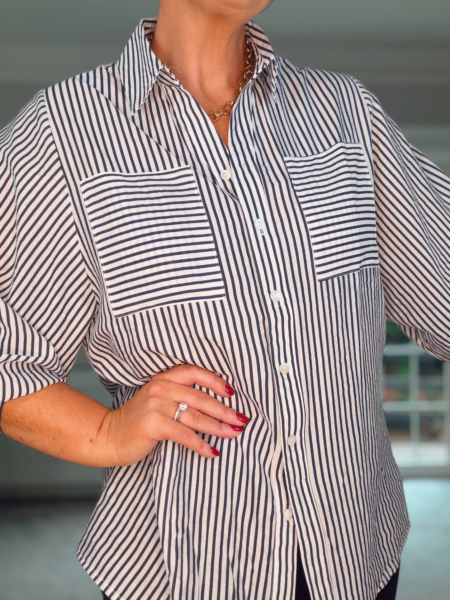 NAVY STRIPE OVER SIZED SHIRT