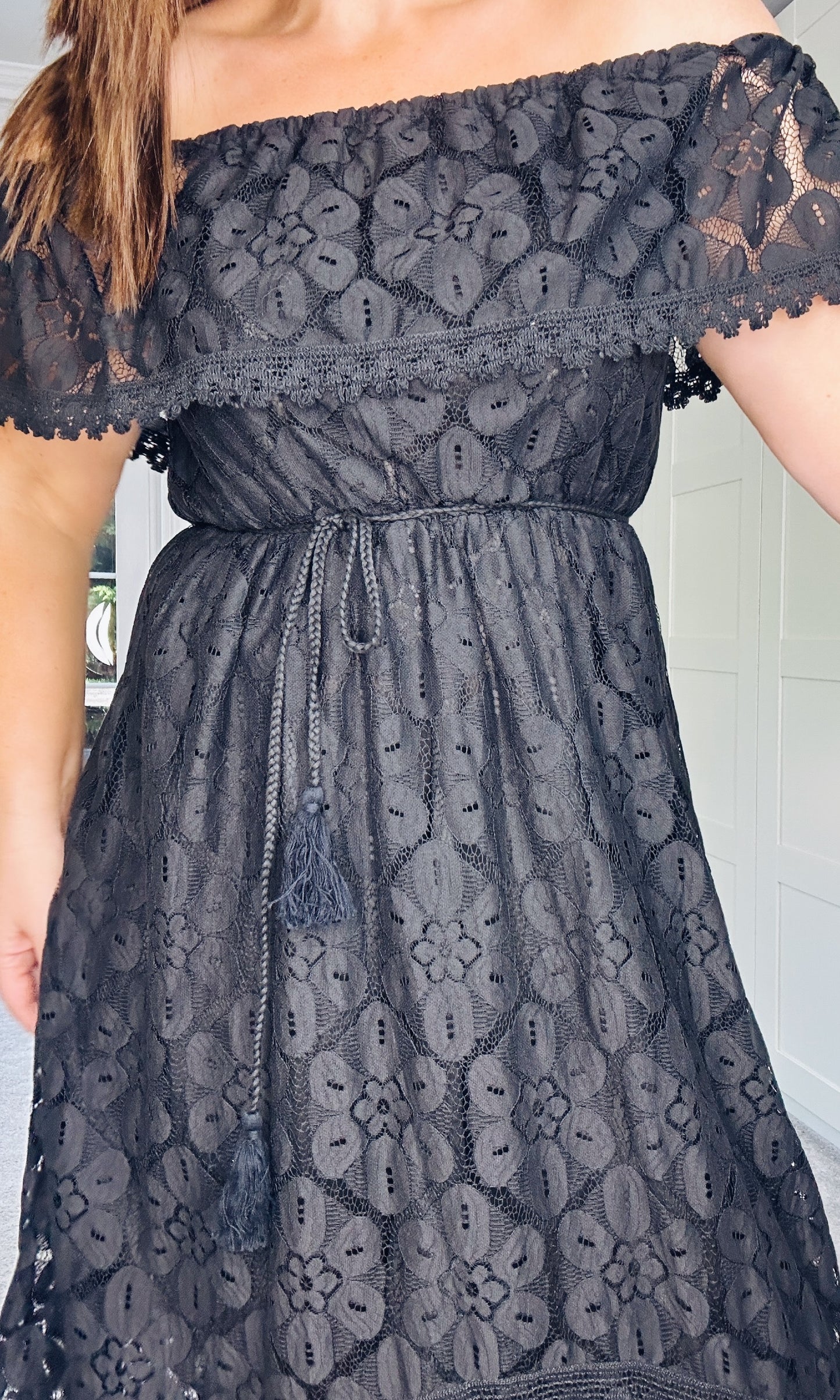 BLACK HIGH LOW HEM SPECIAL OCCASION OFF SHOULDER LACE DRESS