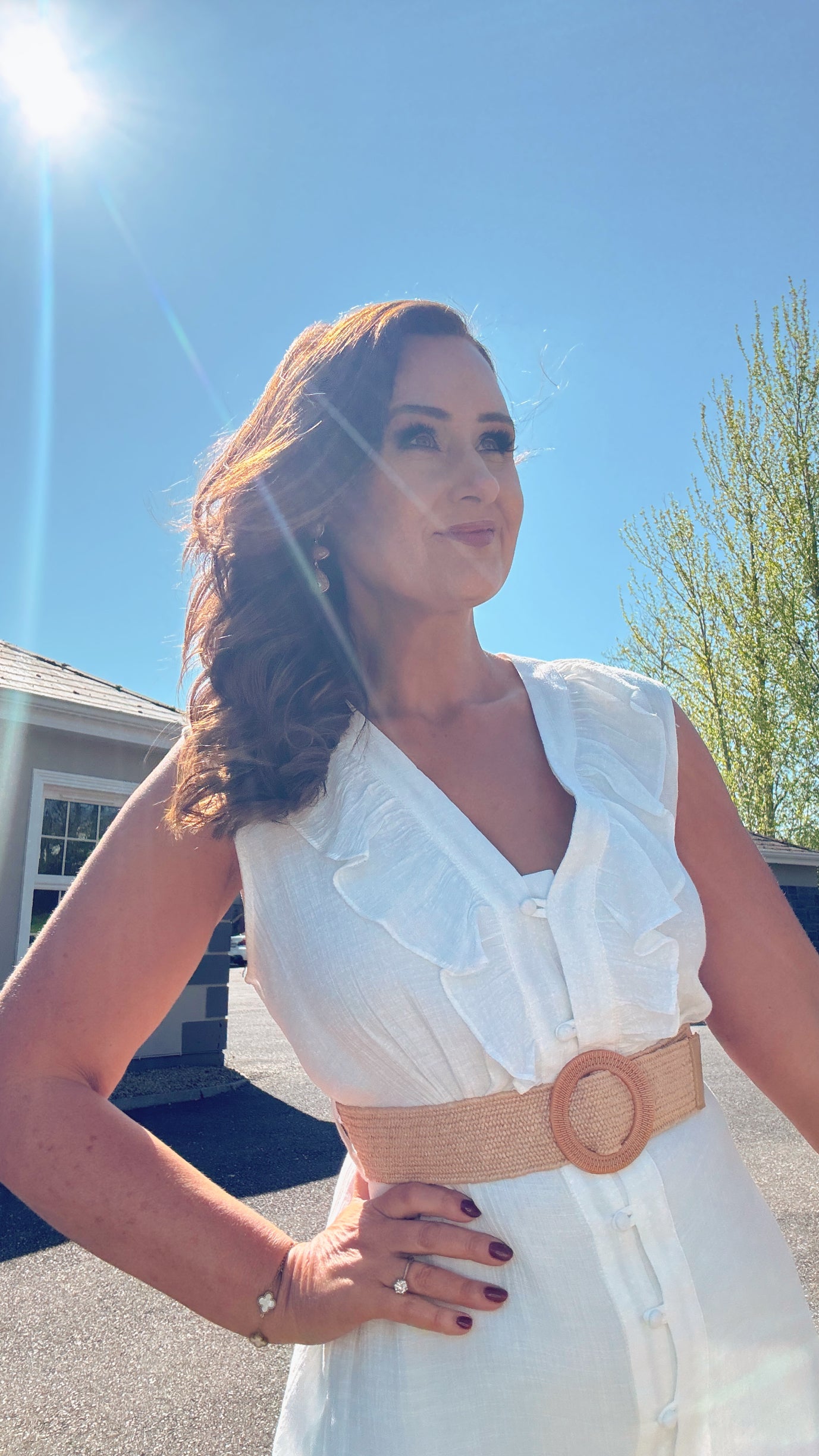 WHITE SUMMER SHIRT DRESS with frill neckline