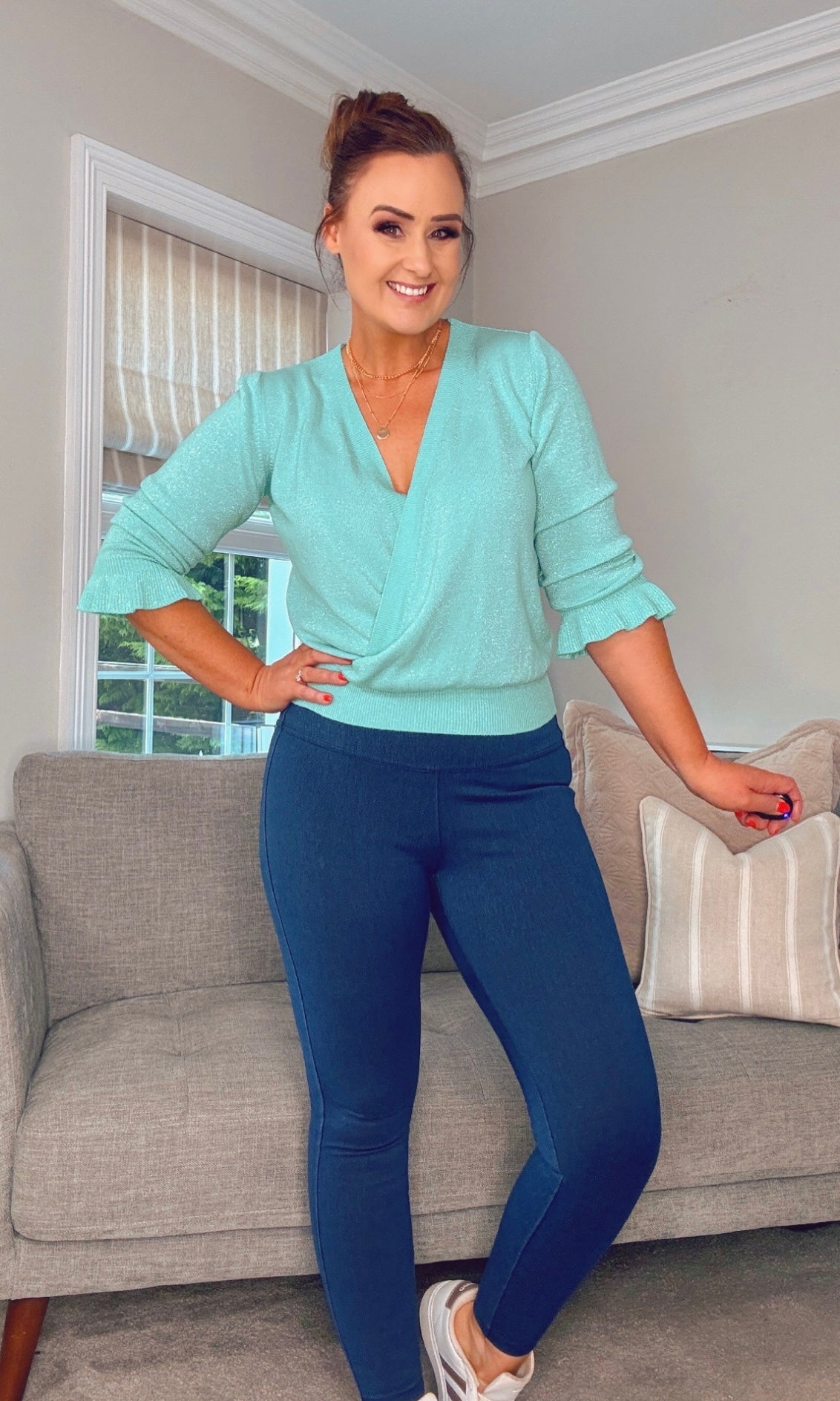 BABY BLUE MOCK WRAP FRILL CUFF FINE KNIT
