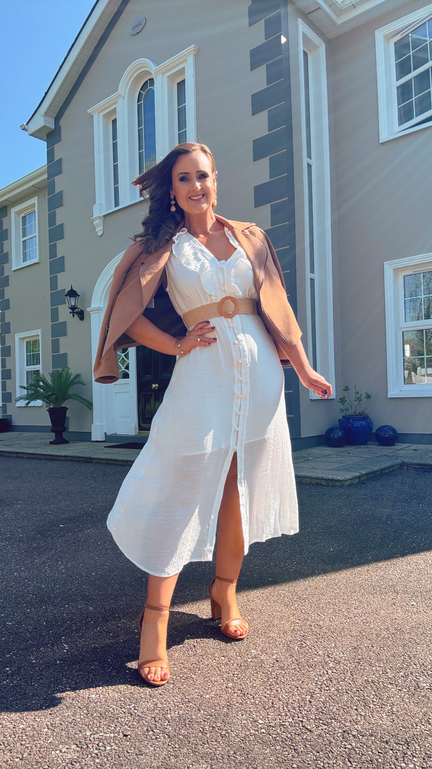 WHITE SUMMER SHIRT DRESS with frill neckline