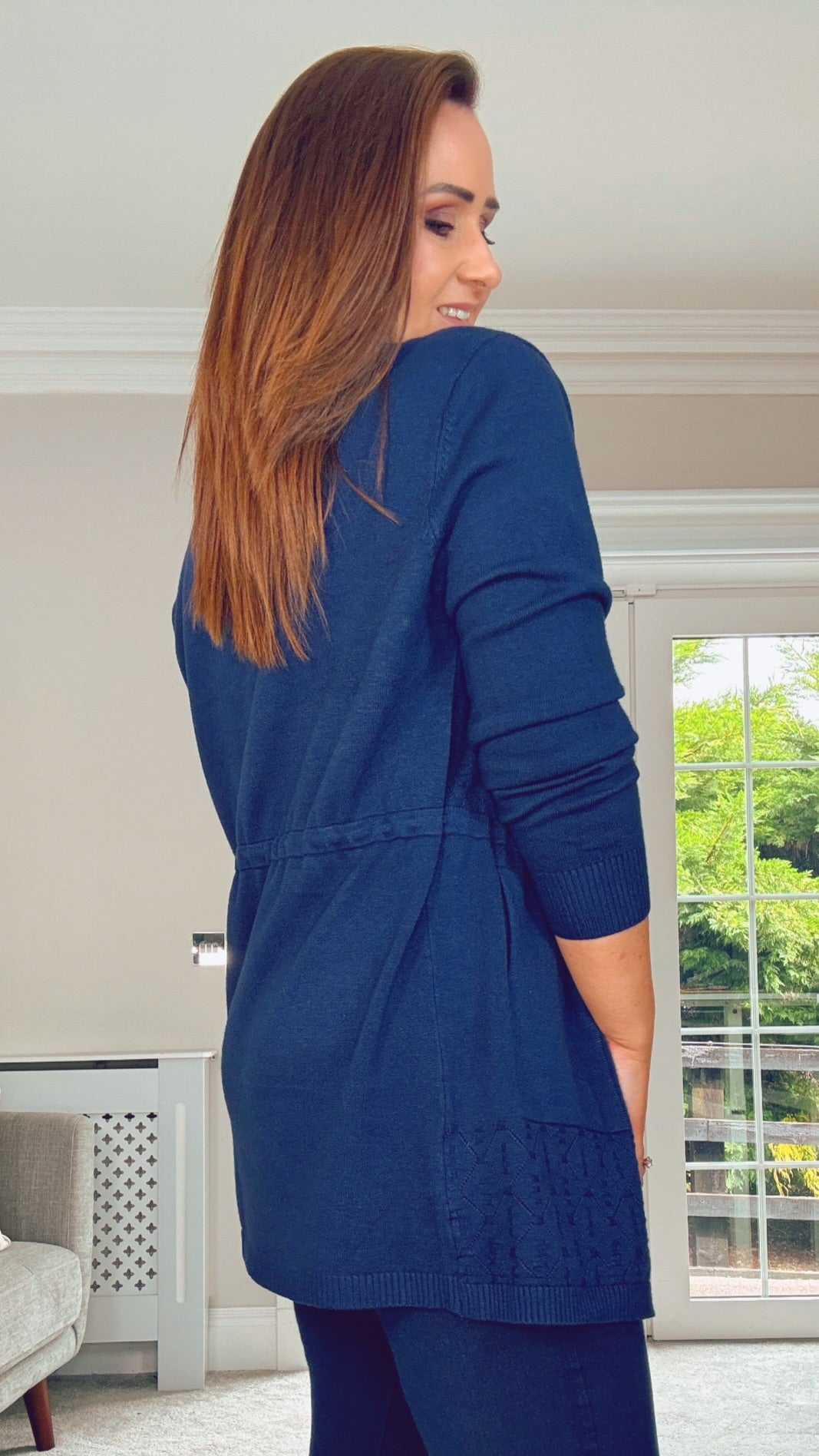 NAVY TIE WAIST QUALITY CARDIGAN