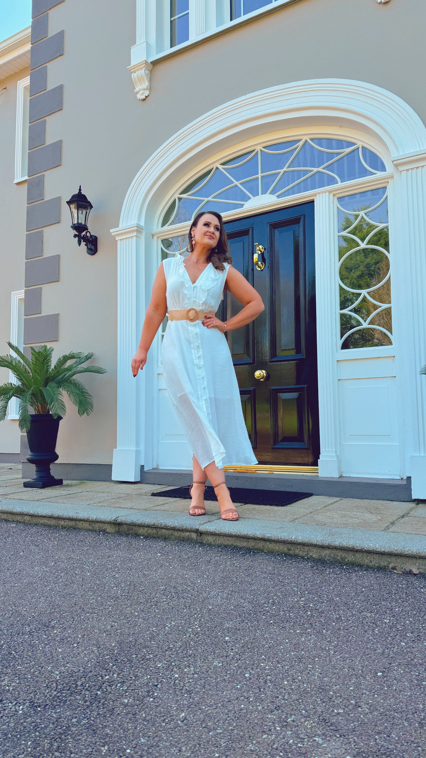 WHITE SUMMER SHIRT DRESS with frill neckline