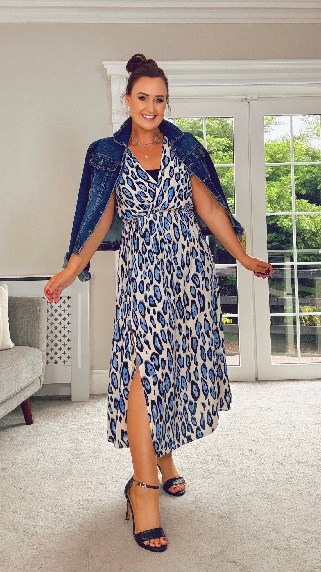 BLUE LEOPARD PRINT MIDI DRESS