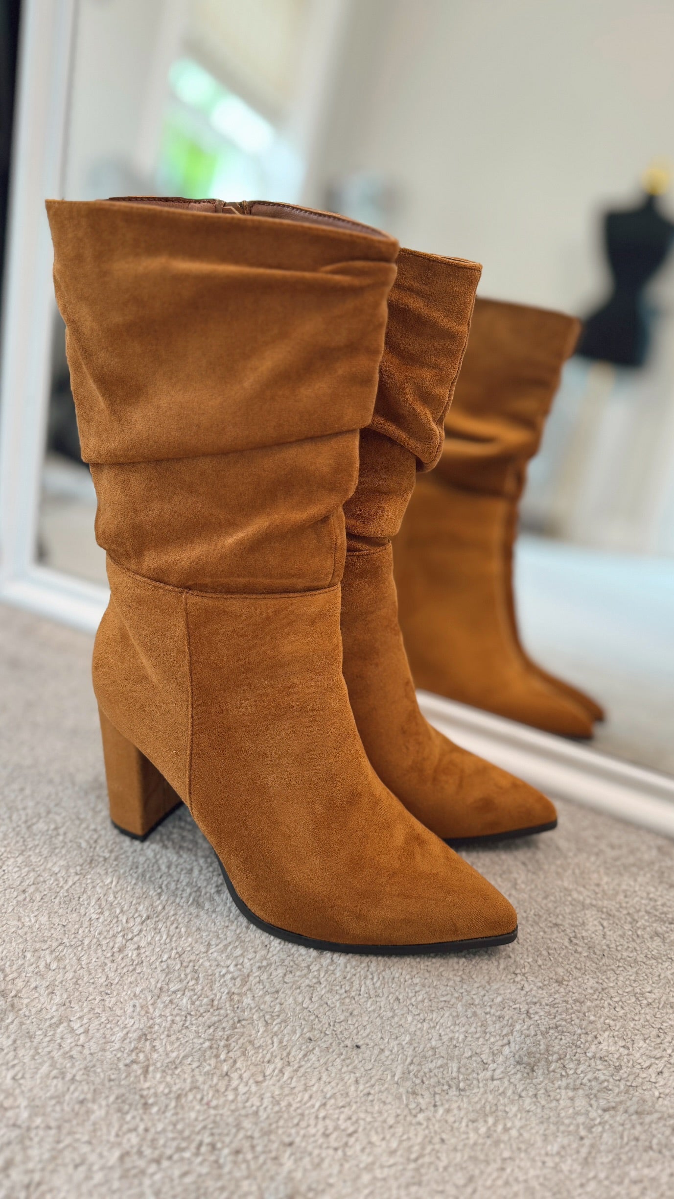 TAN BLOCK HEEL SUEDETTE BOOTS