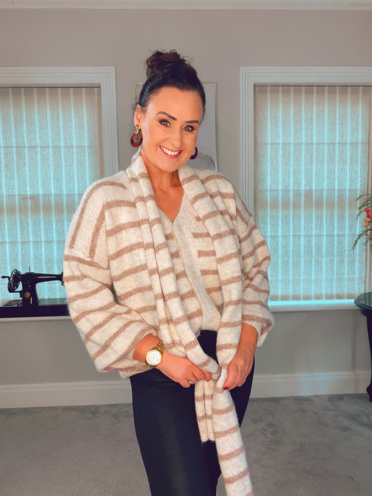 CREAM AND TAN STRIPE OVERSIZED CARDIGAN with Scarf