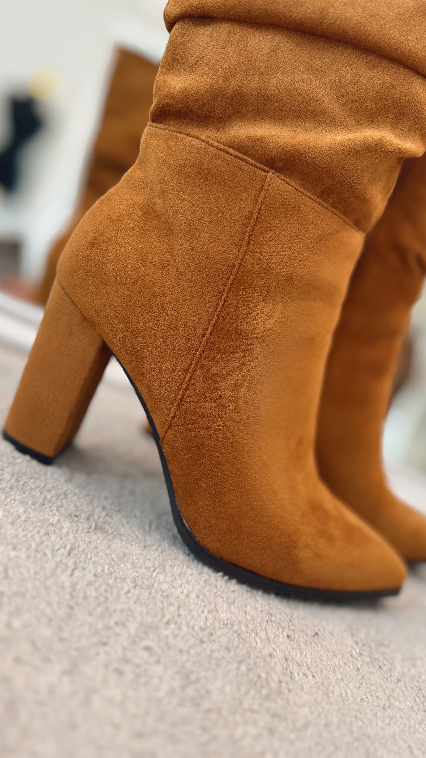TAN BLOCK HEEL SUEDETTE BOOTS
