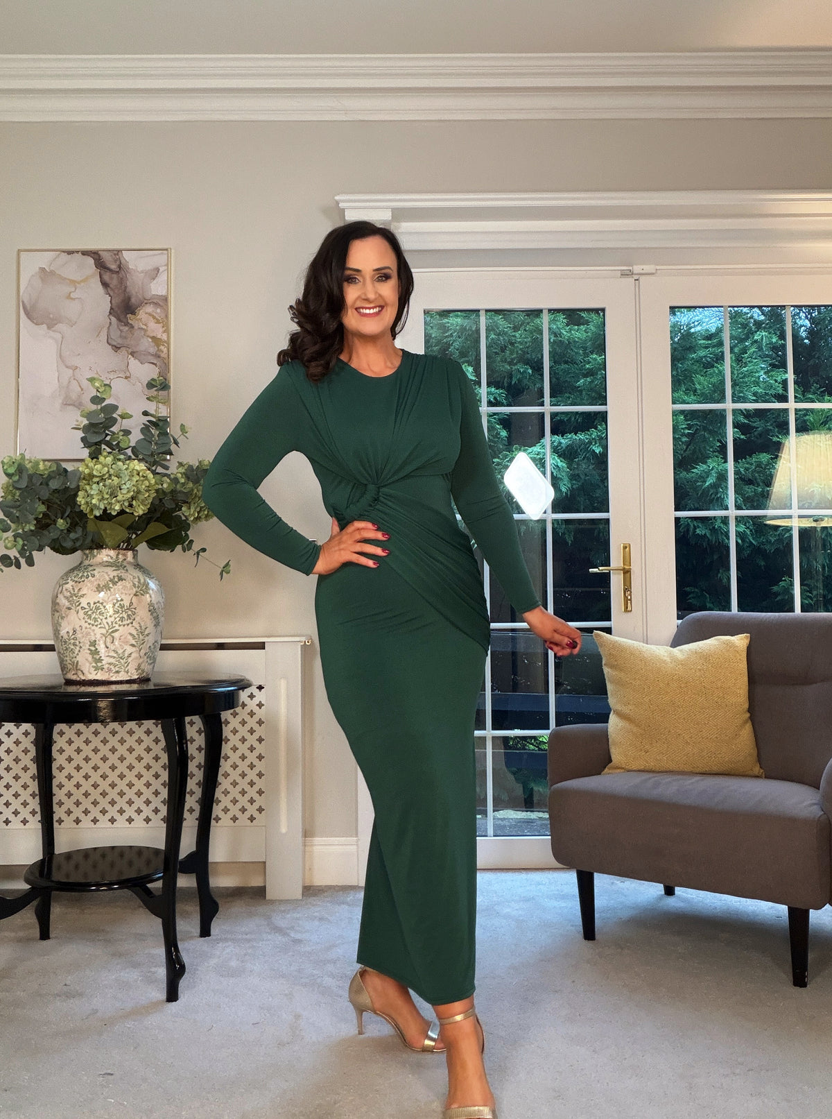 GREEN STRETCH DRAPE DRESS