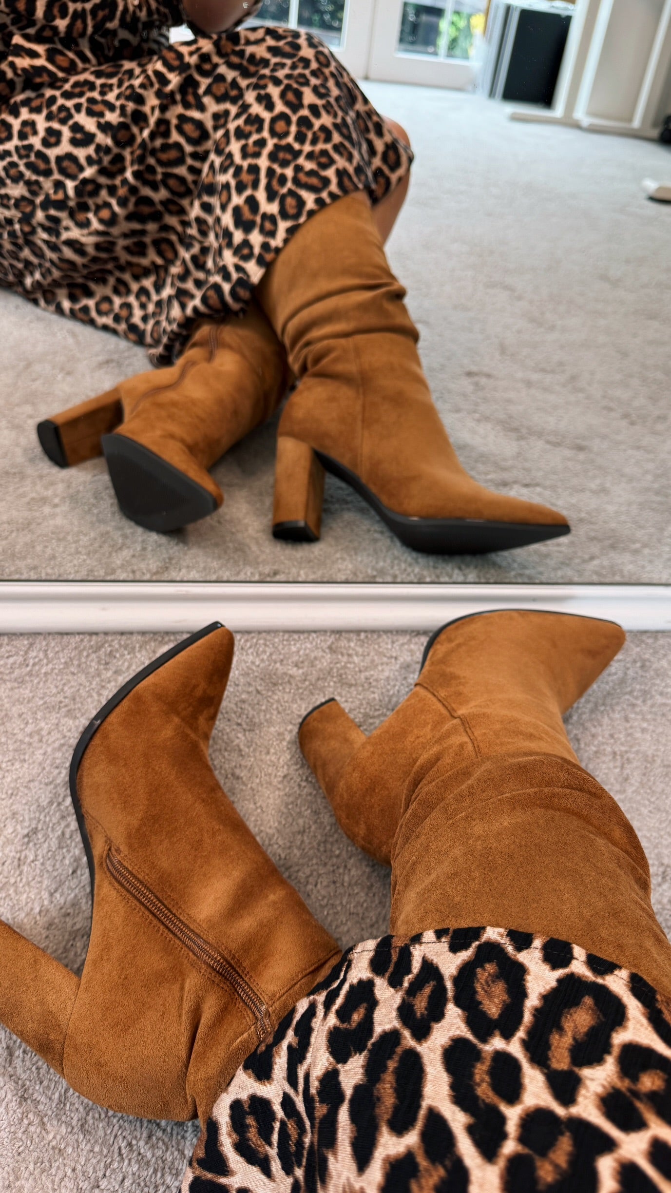 TAN BLOCK HEEL SUEDETTE BOOTS