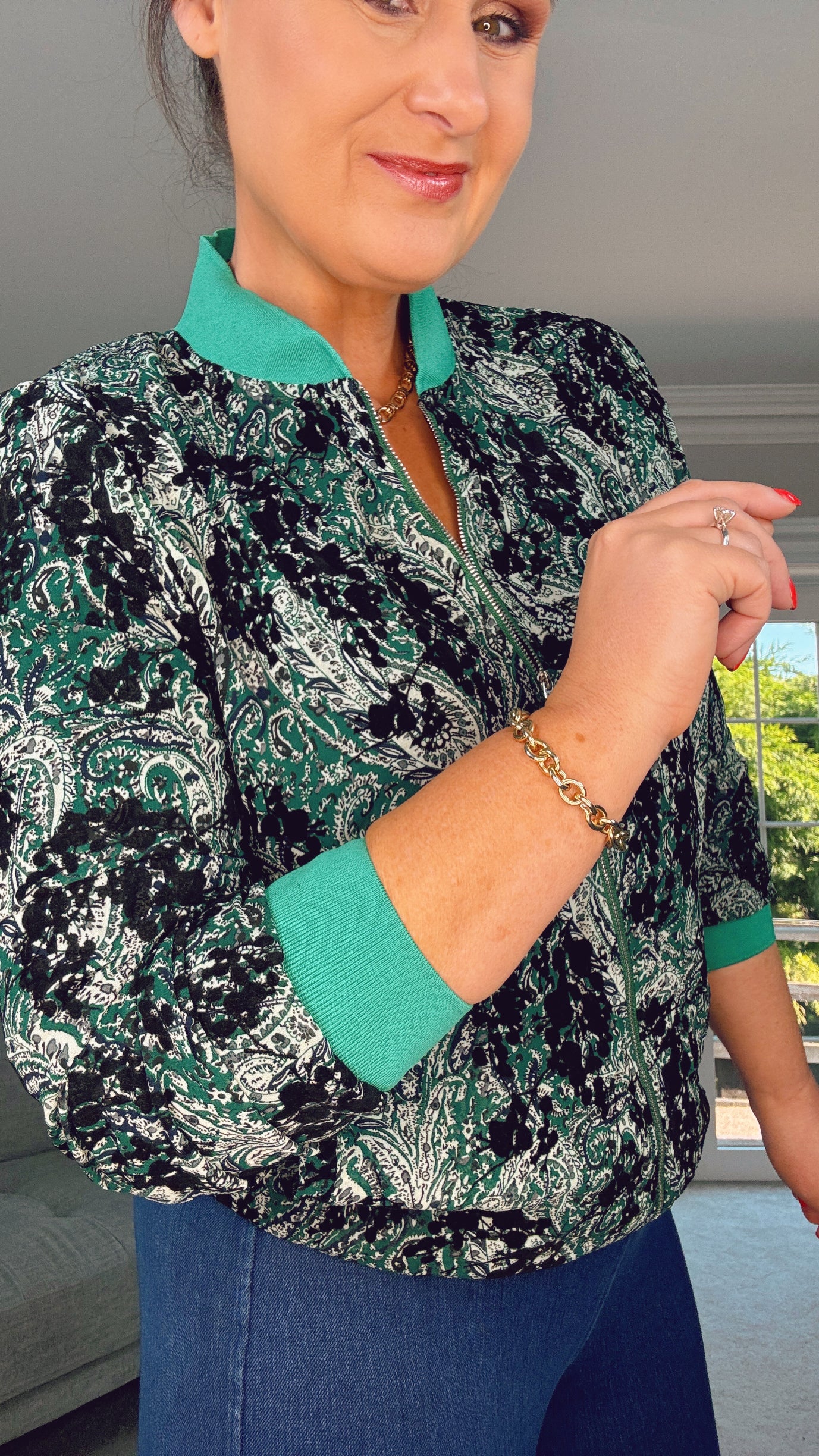 TURQUOISE PAISLEY PATTERN BOMBER