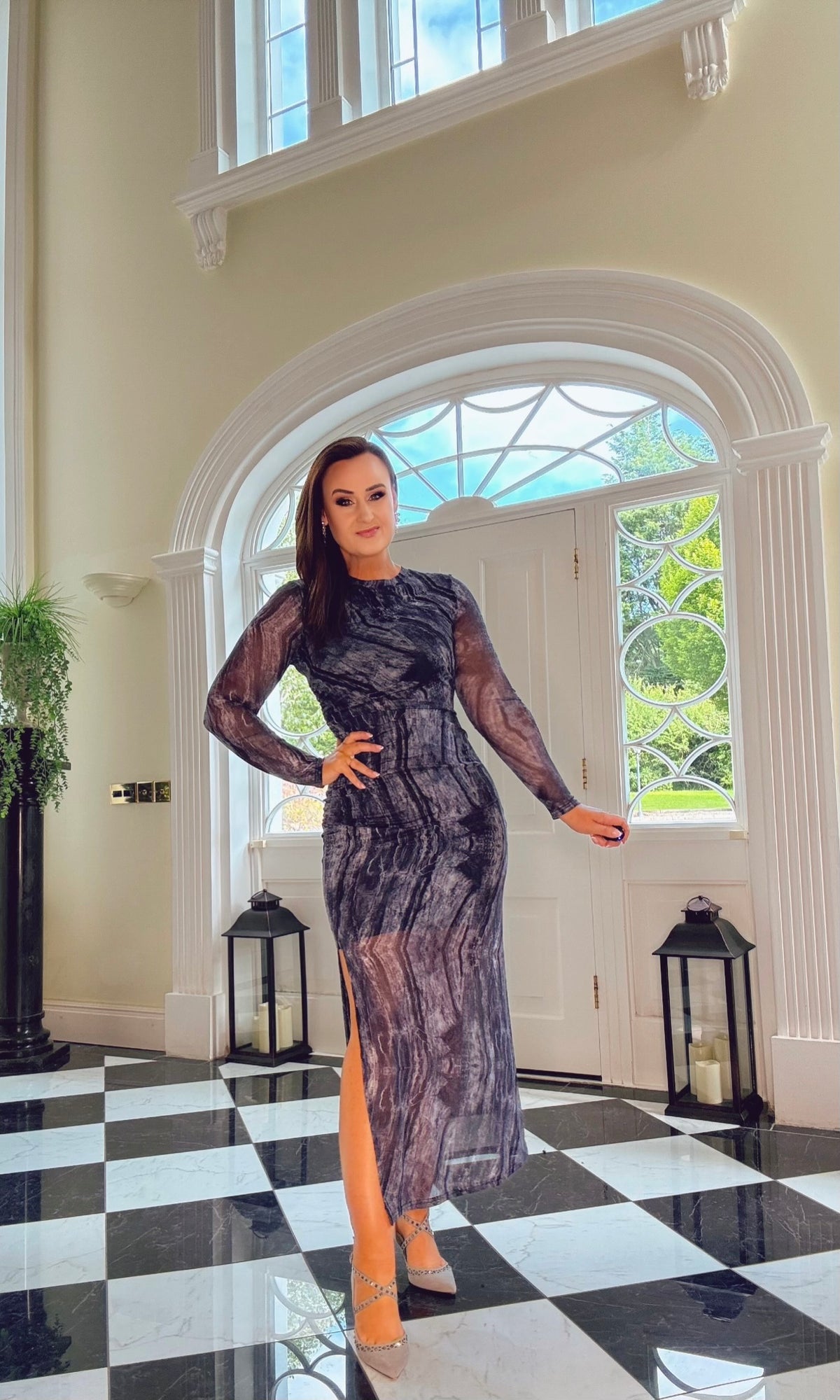 GREY PATTERNED MESH DRESS