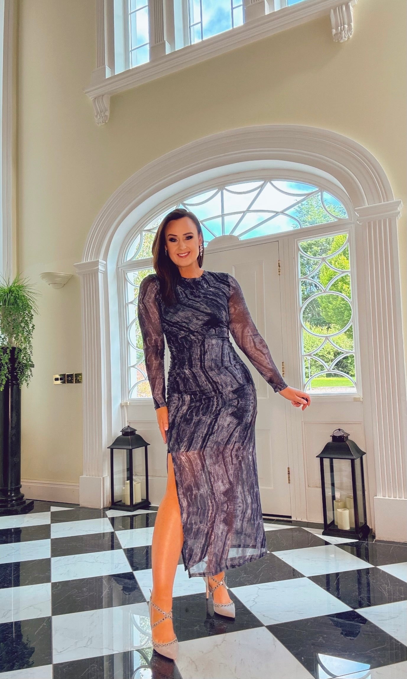 GREY PATTERNED MESH DRESS