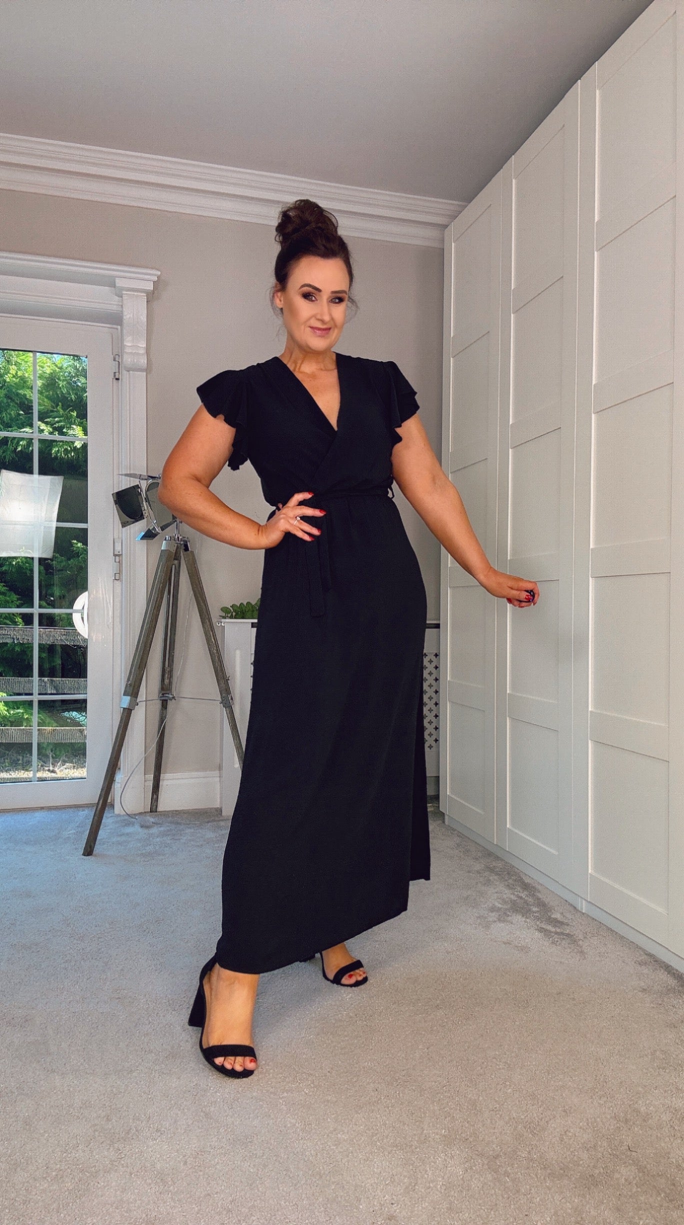 BLACK ANGEL SLEEVE MOCK WRAP DRESS