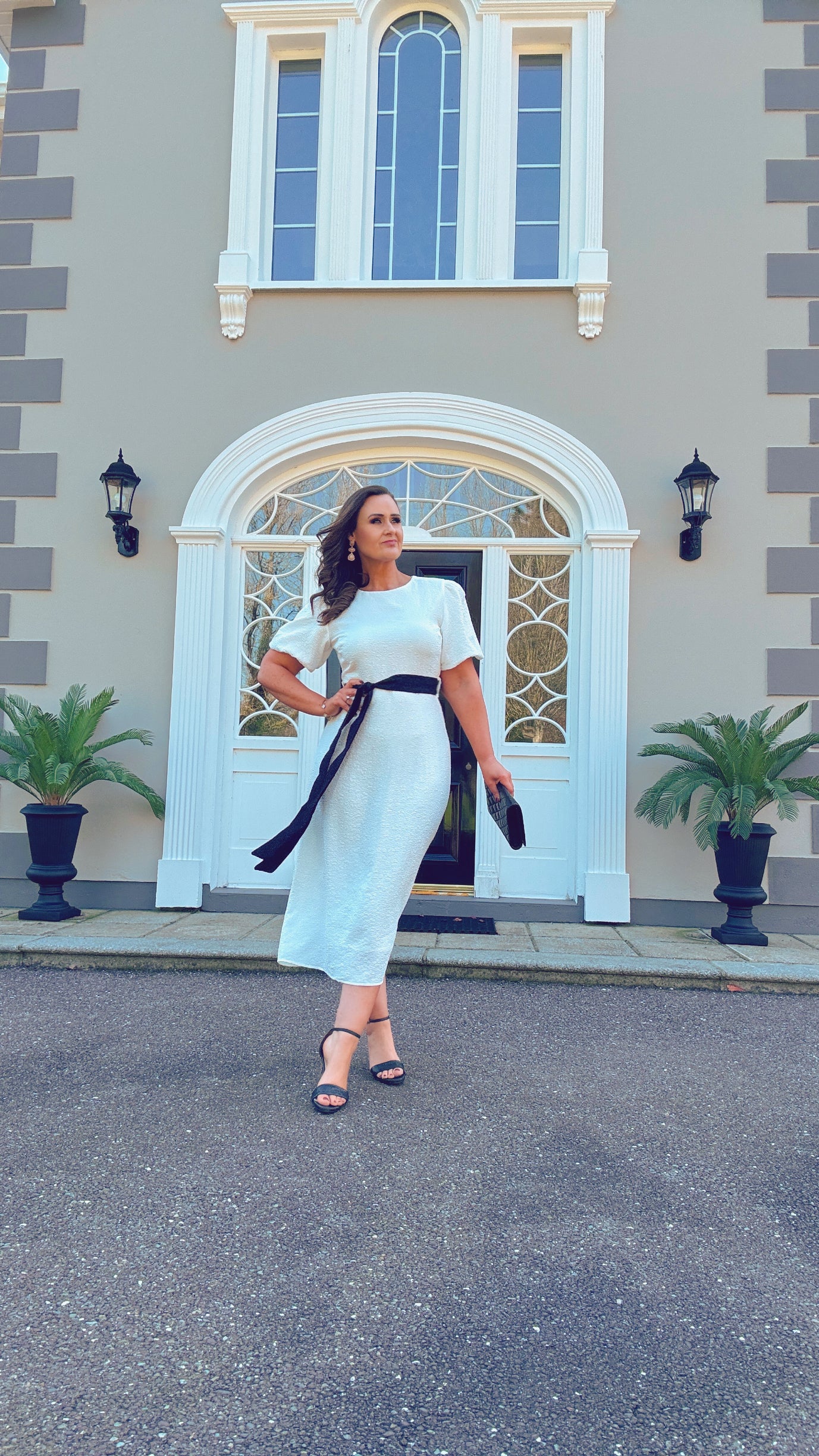 WHITE MIDI ALINE DRESS WITH 2 COORDINATING BELTS