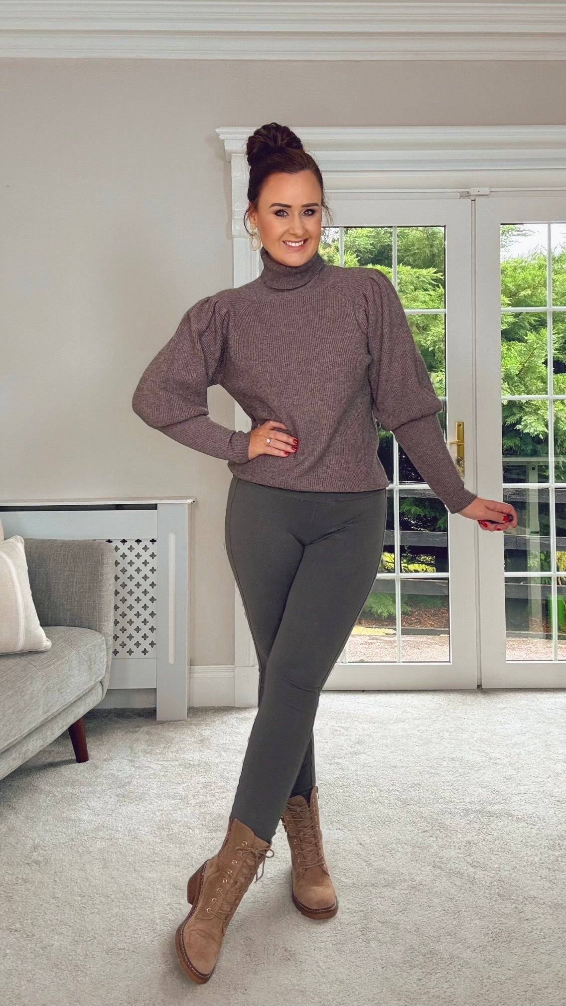 TAUPE BALOON SLEEVE POLONECK QUALITY KNIT JUMPER