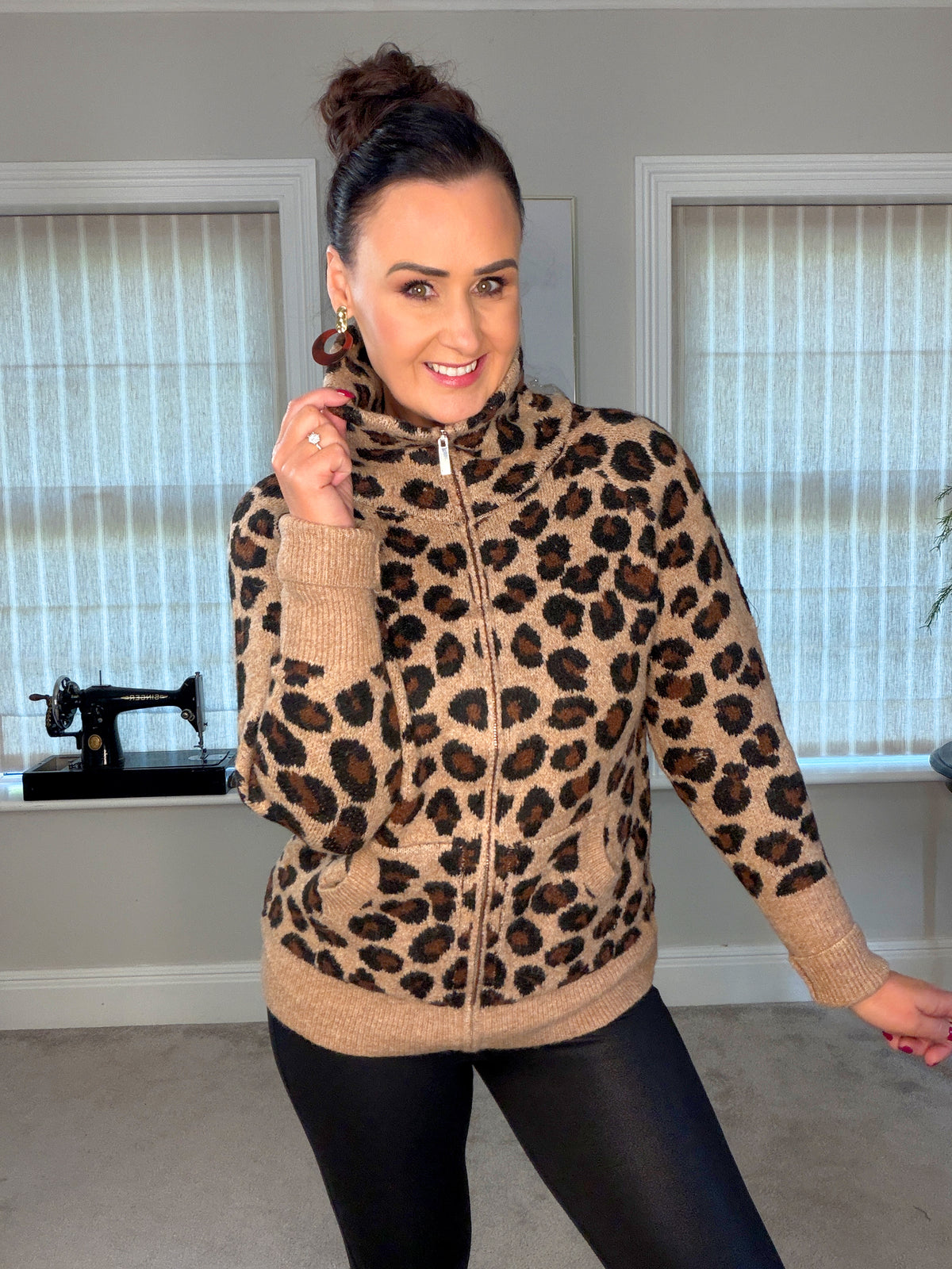 LEOPARD PRINT ZIP KNIT with Funnel Neck