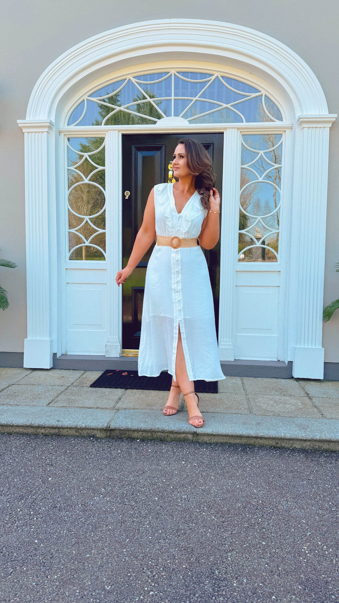 WHITE SUMMER SHIRT DRESS with frill neckline