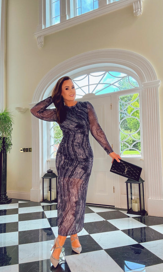 GREY PATTERNED MESH DRESS