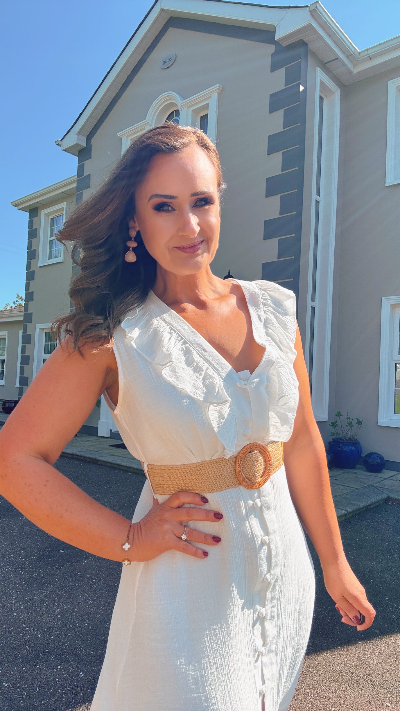WHITE SUMMER SHIRT DRESS with frill neckline