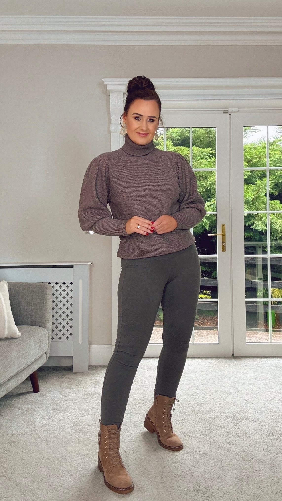 TAUPE BALOON SLEEVE POLONECK QUALITY KNIT JUMPER