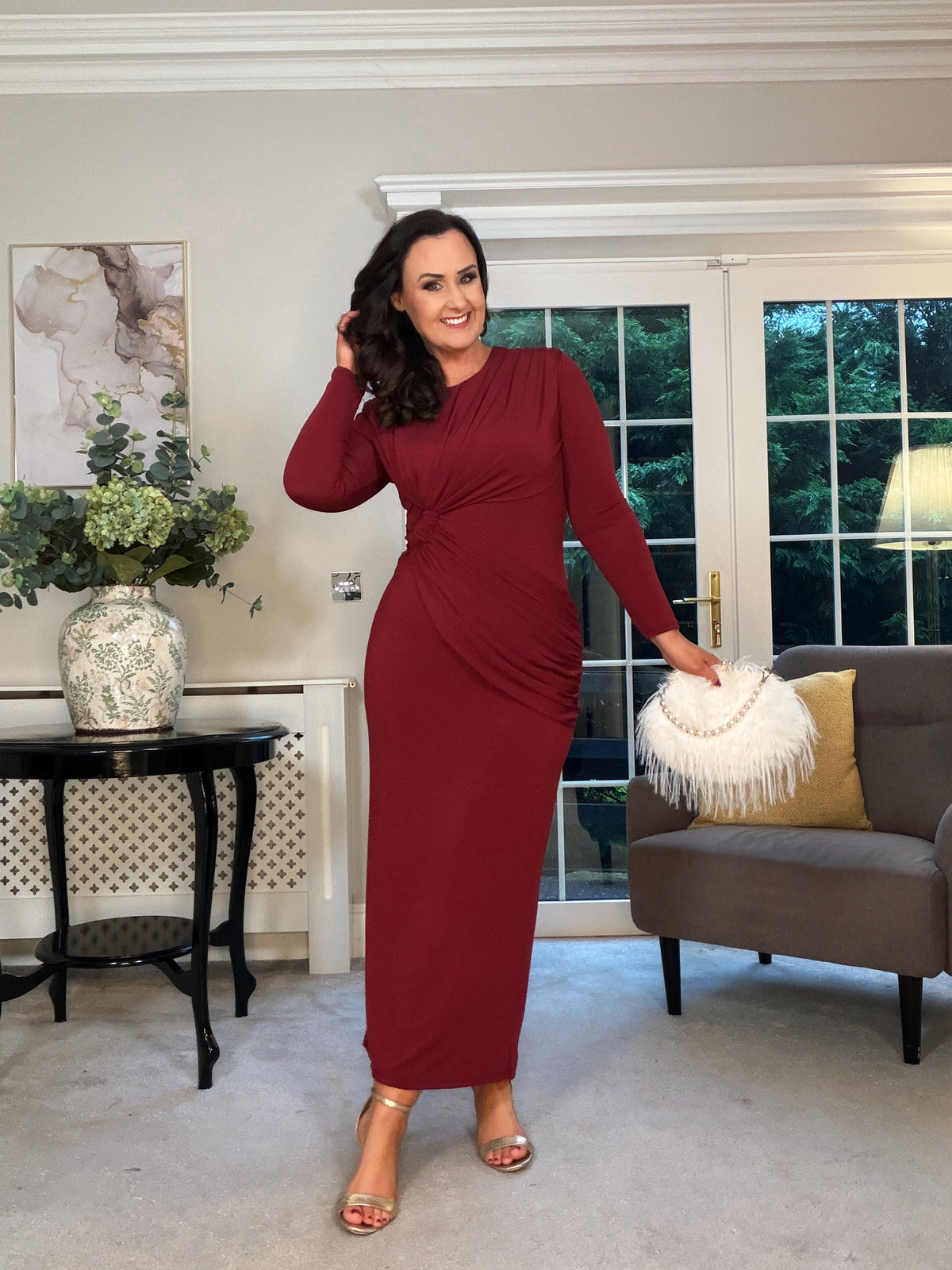 BURGUNDY STRETCH DRAPE DRESS