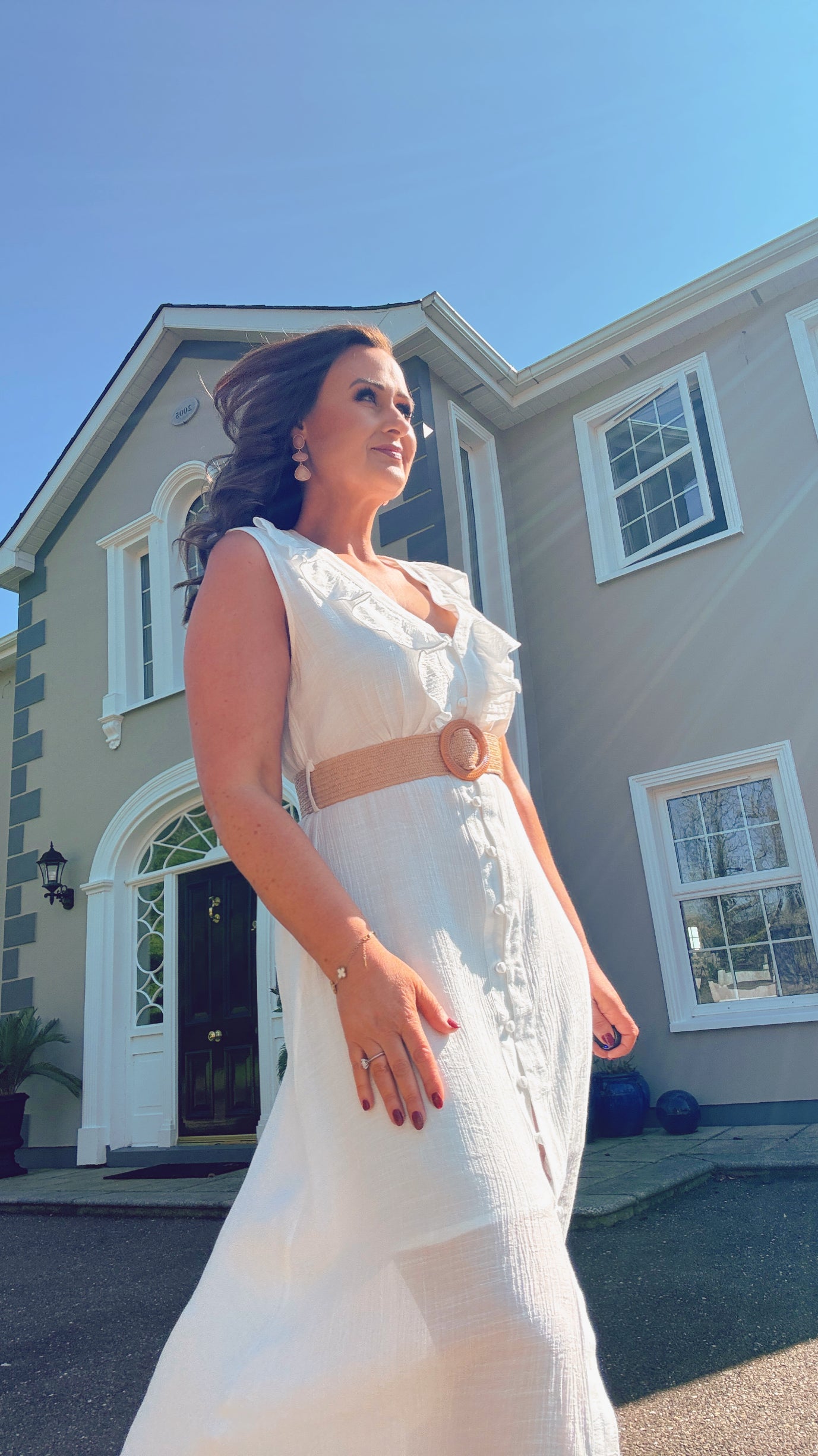 WHITE SUMMER SHIRT DRESS with frill neckline