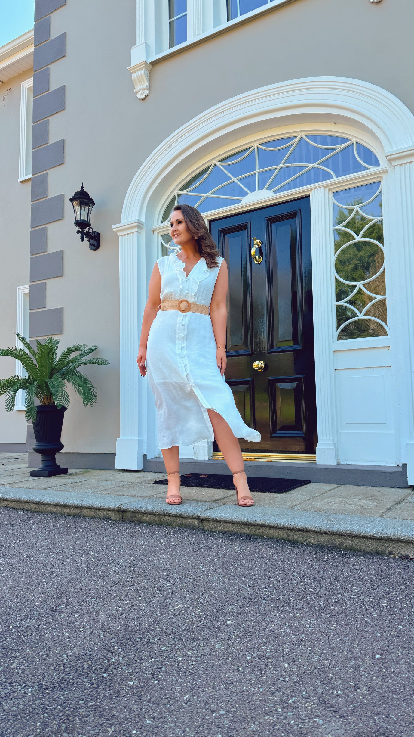 WHITE SUMMER SHIRT DRESS with frill neckline