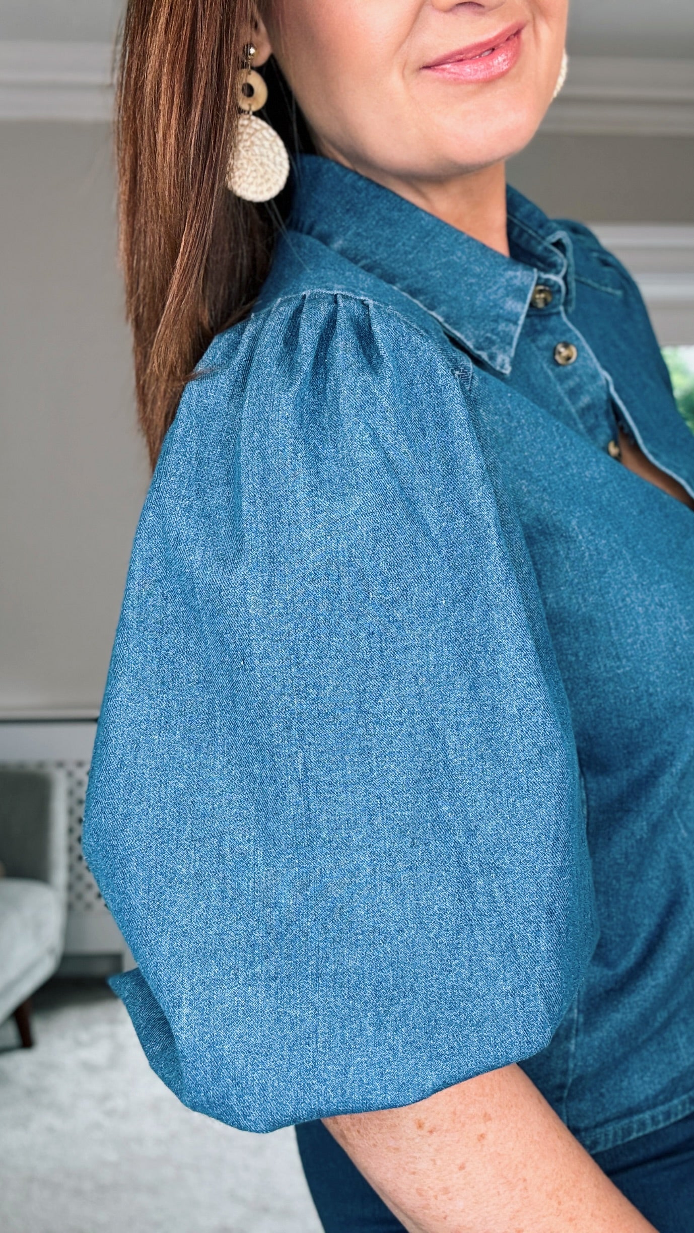 SHORT BALLOON SLEEVE DENIM BLUE SHIRT