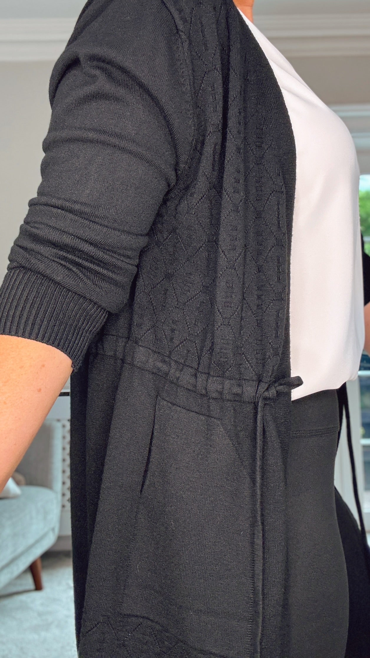 BLACK TIE WAIST QUALITY CARDIGAN