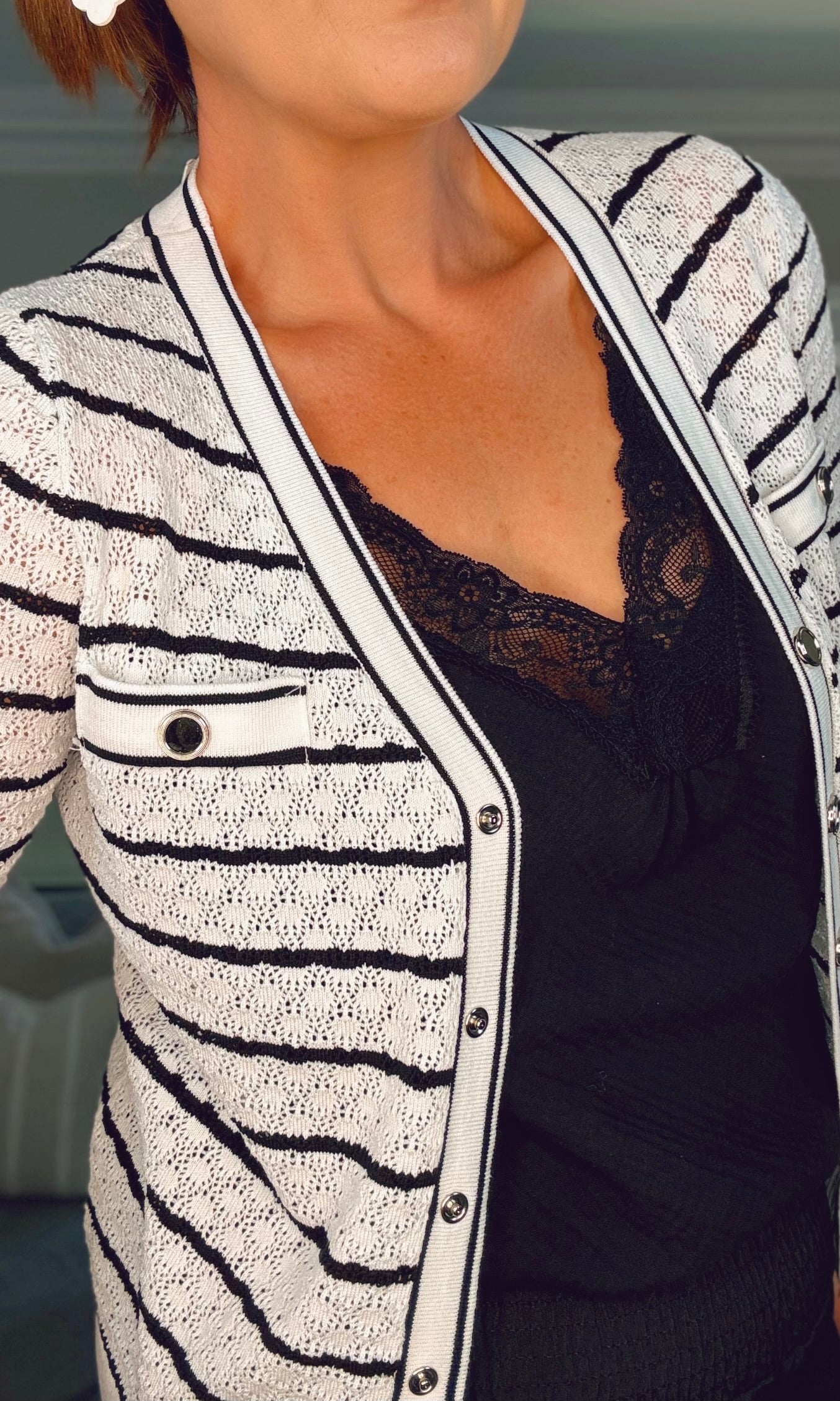 WHITE STRIPE CARDIGAN WITH POPPER BUTTONS
