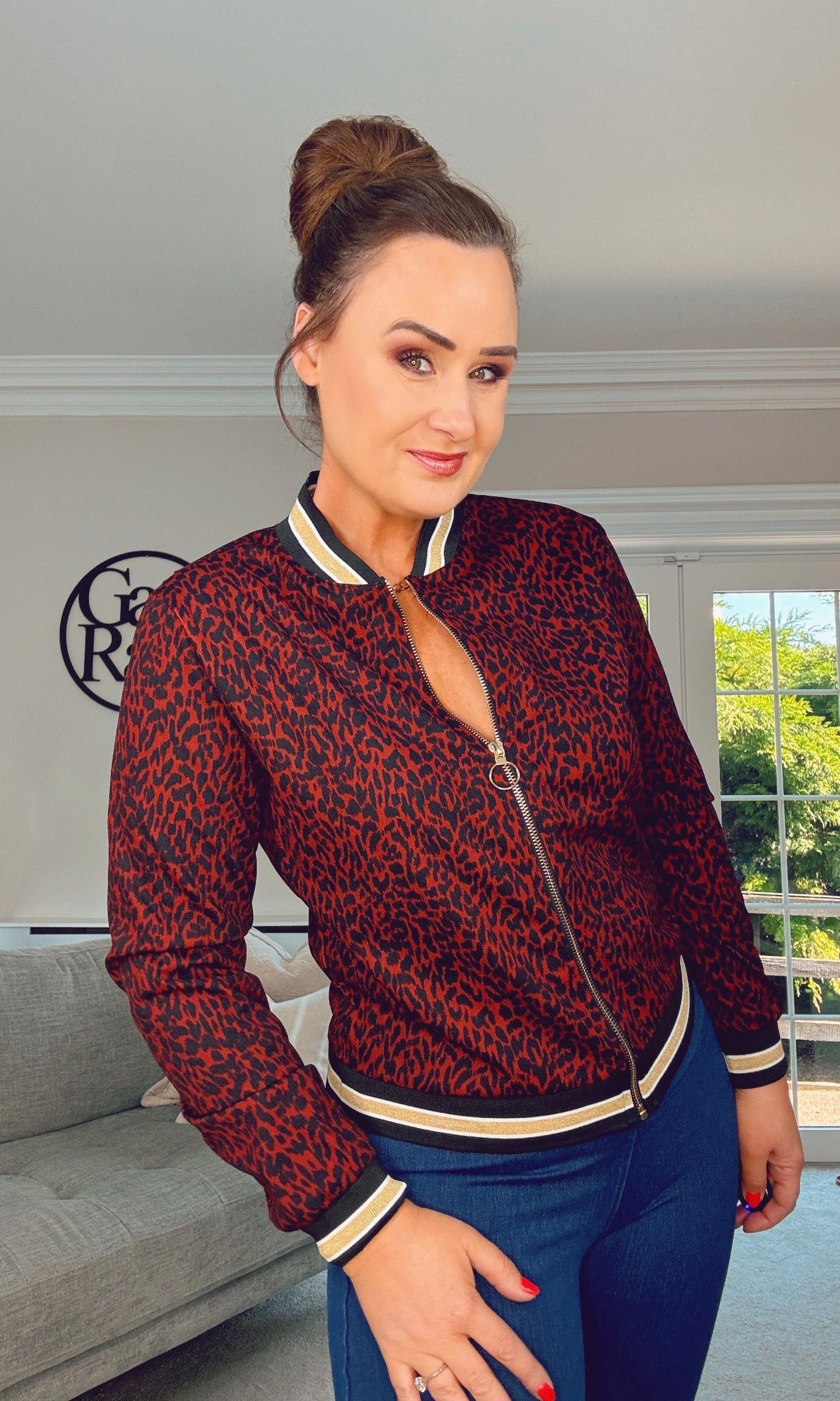 RUST LEOPARD PRINT BOMBER