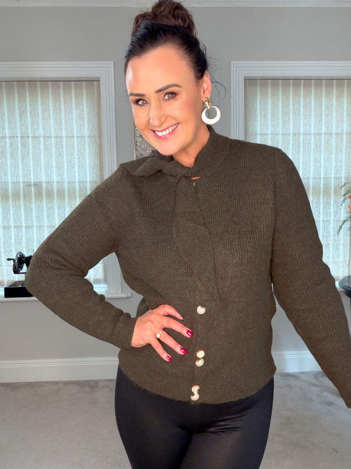 KHAKI GREEN CARDIGAN with attached scarf