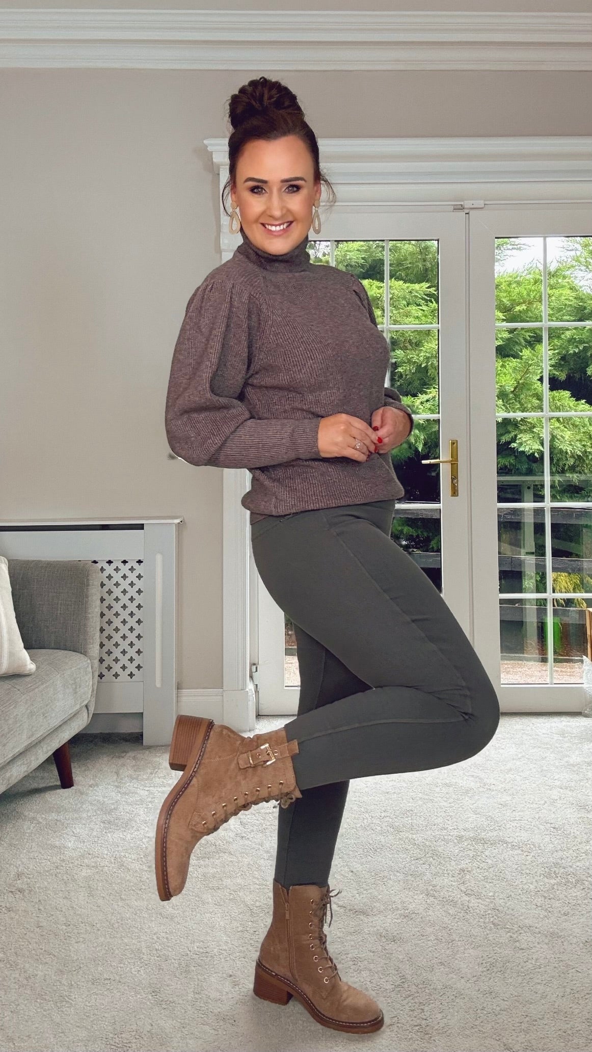 TAUPE BALOON SLEEVE POLONECK QUALITY KNIT JUMPER