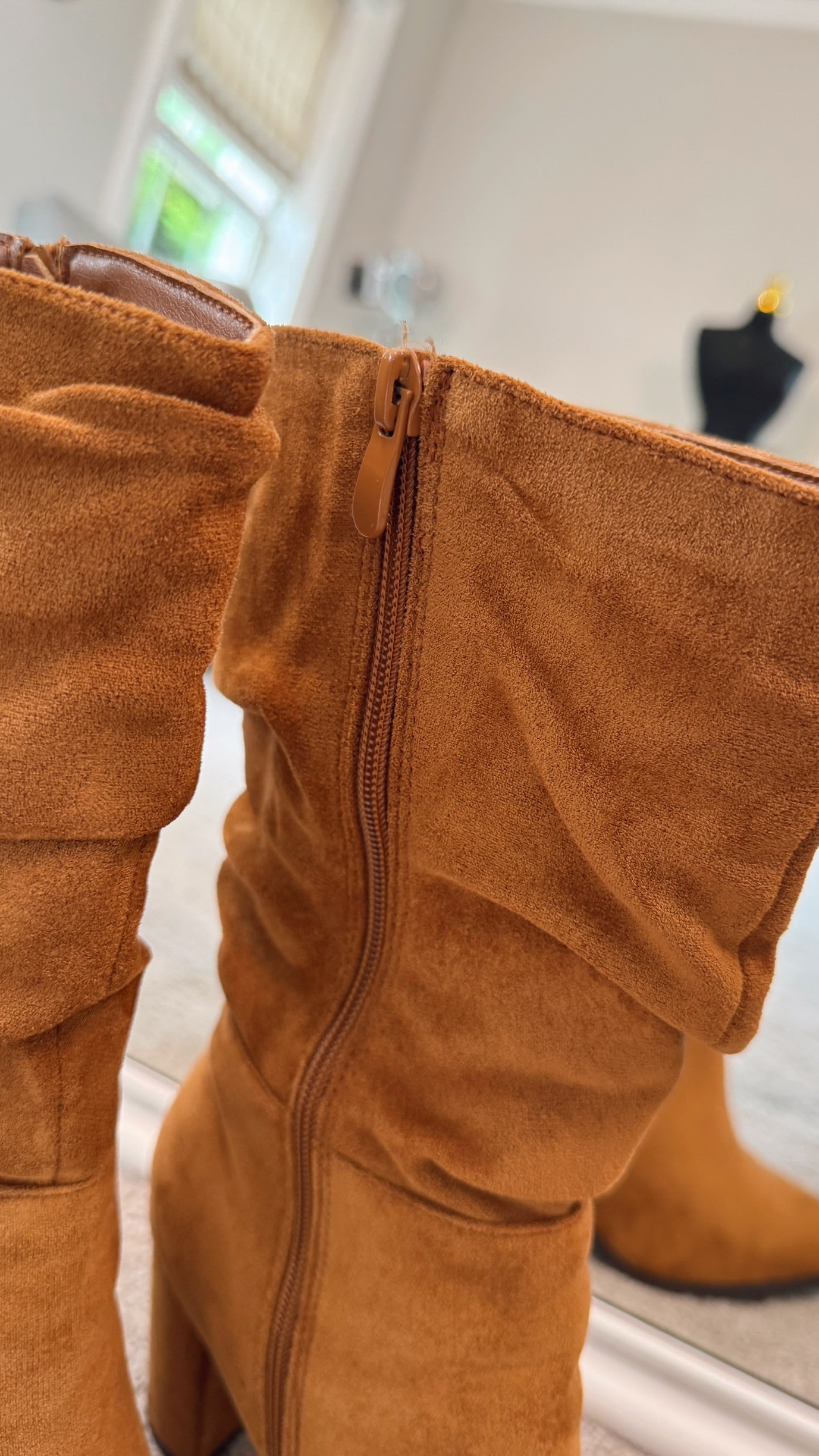 TAN BLOCK HEEL SUEDETTE BOOTS