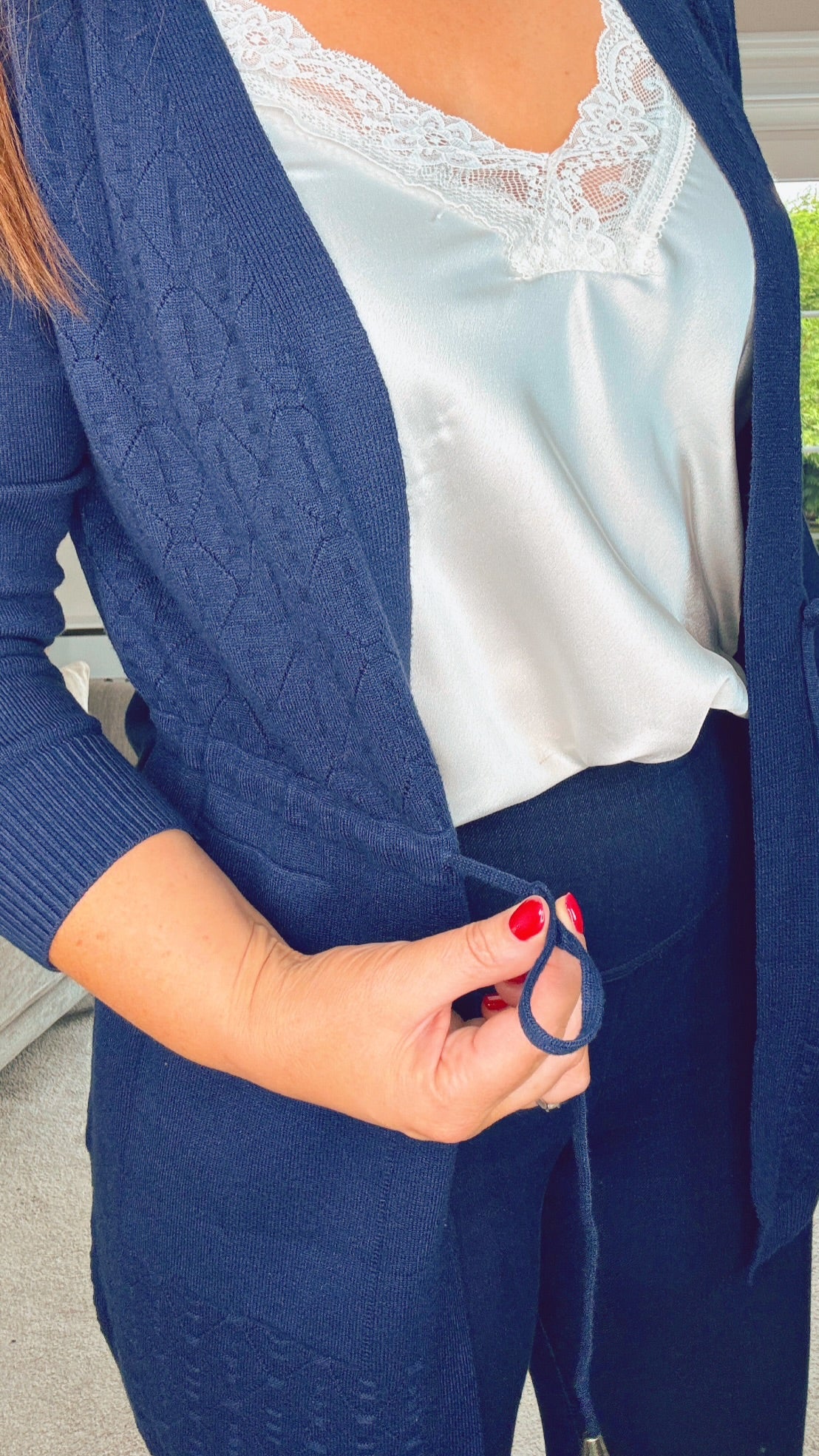 NAVY TIE WAIST QUALITY CARDIGAN