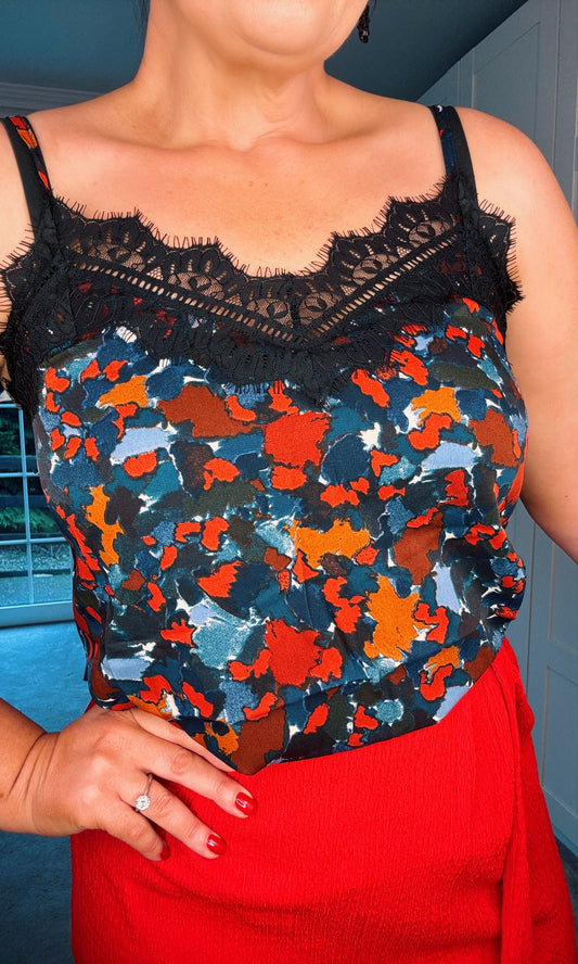 RED BLUE PATTERN Cami Top with Lace