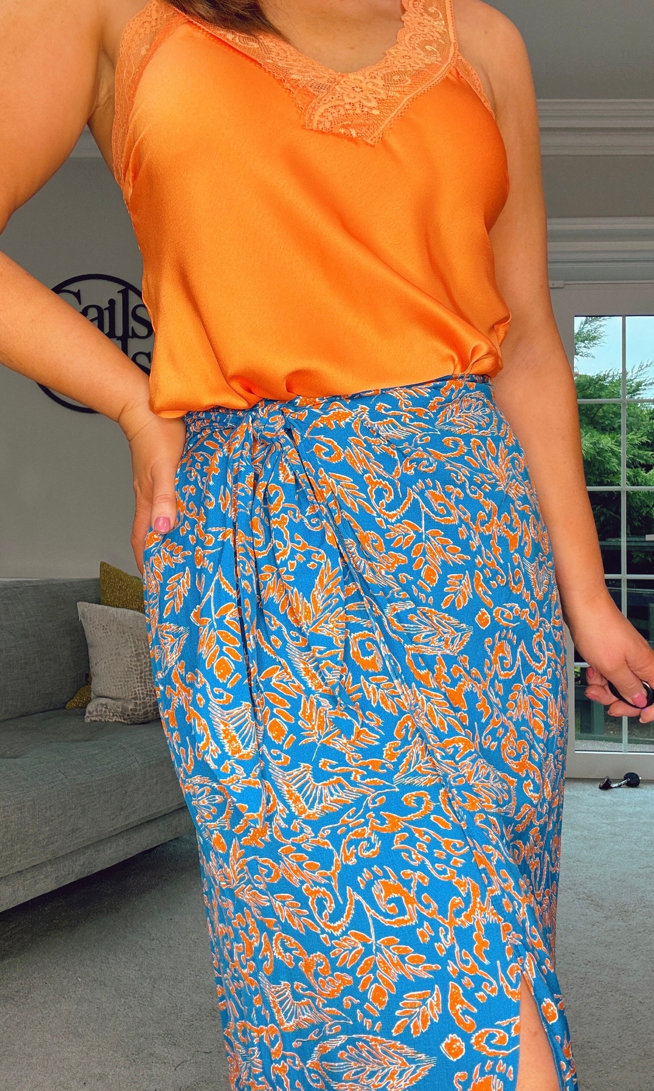 BLUE & ORANGE PRINT MAXI WRAP SKIRT