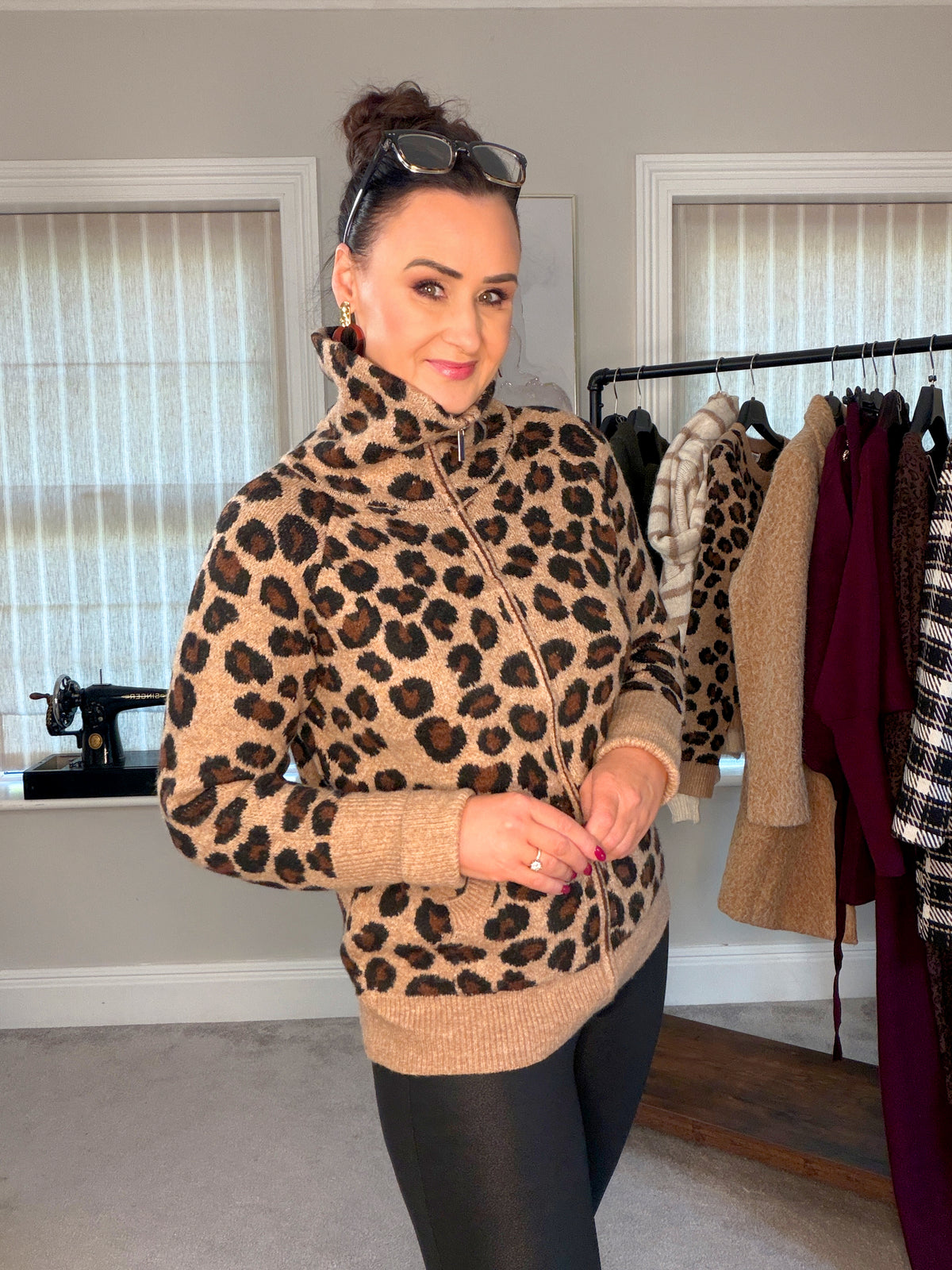 LEOPARD PRINT ZIP KNIT with Funnel Neck