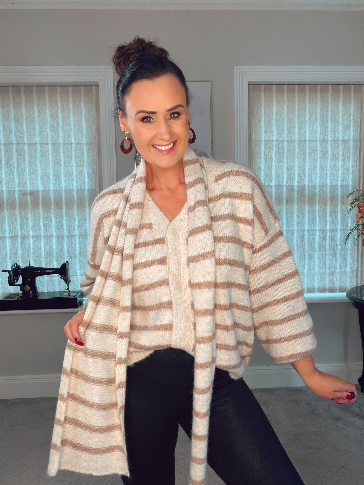 CREAM AND TAN STRIPE OVERSIZED CARDIGAN with Scarf