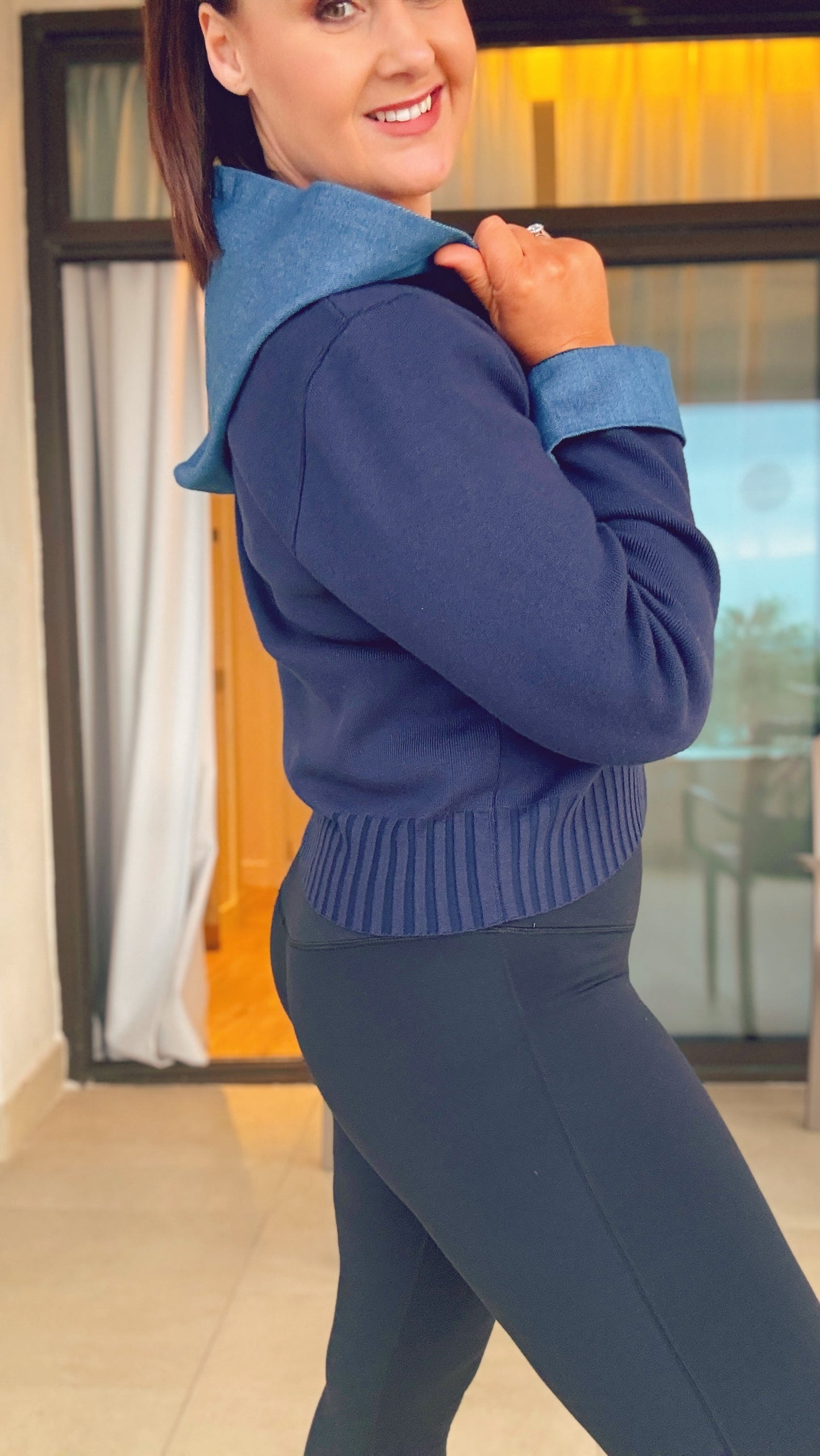 NAVY ZIP TOP with DENIM HOOD