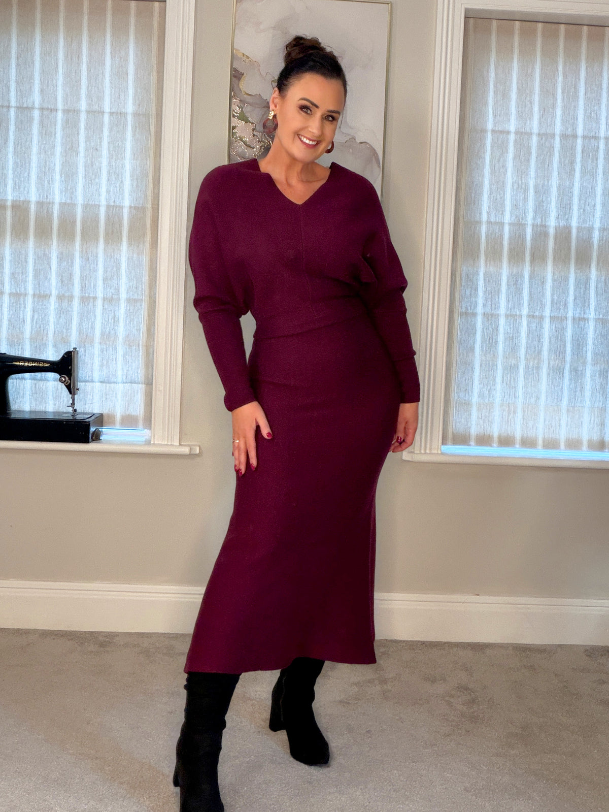 BURGUNDY KNIT BATWING DRESS