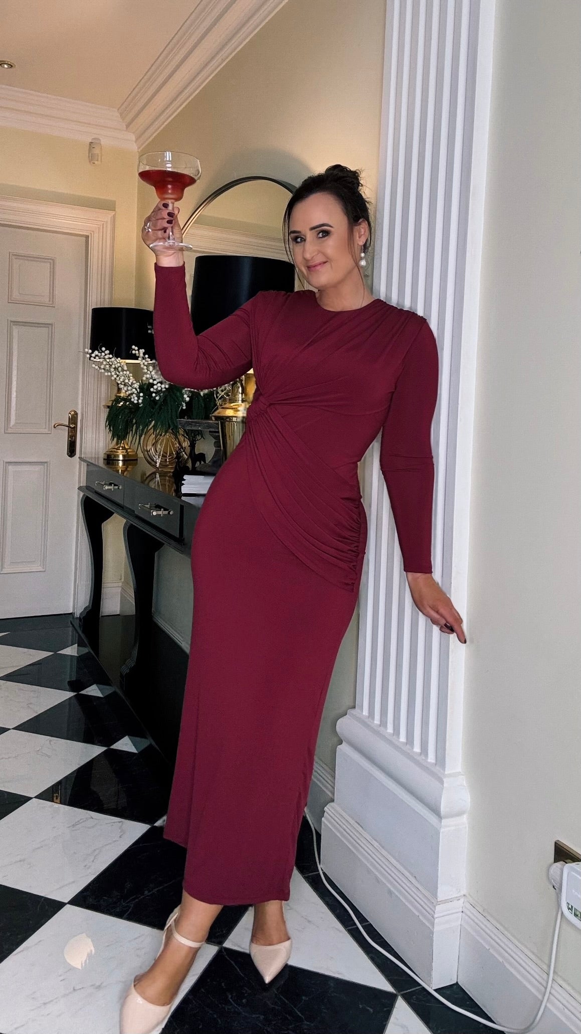 BURGUNDY SPECIAL OCCASION DRAPE MAXI DRESS