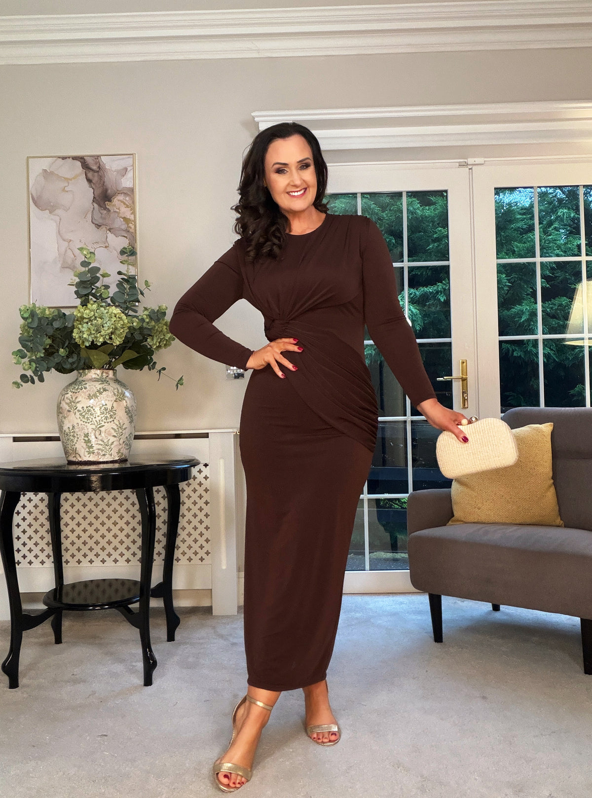 CHOCOLATE BROWN STRETCH DRAPE DRESS